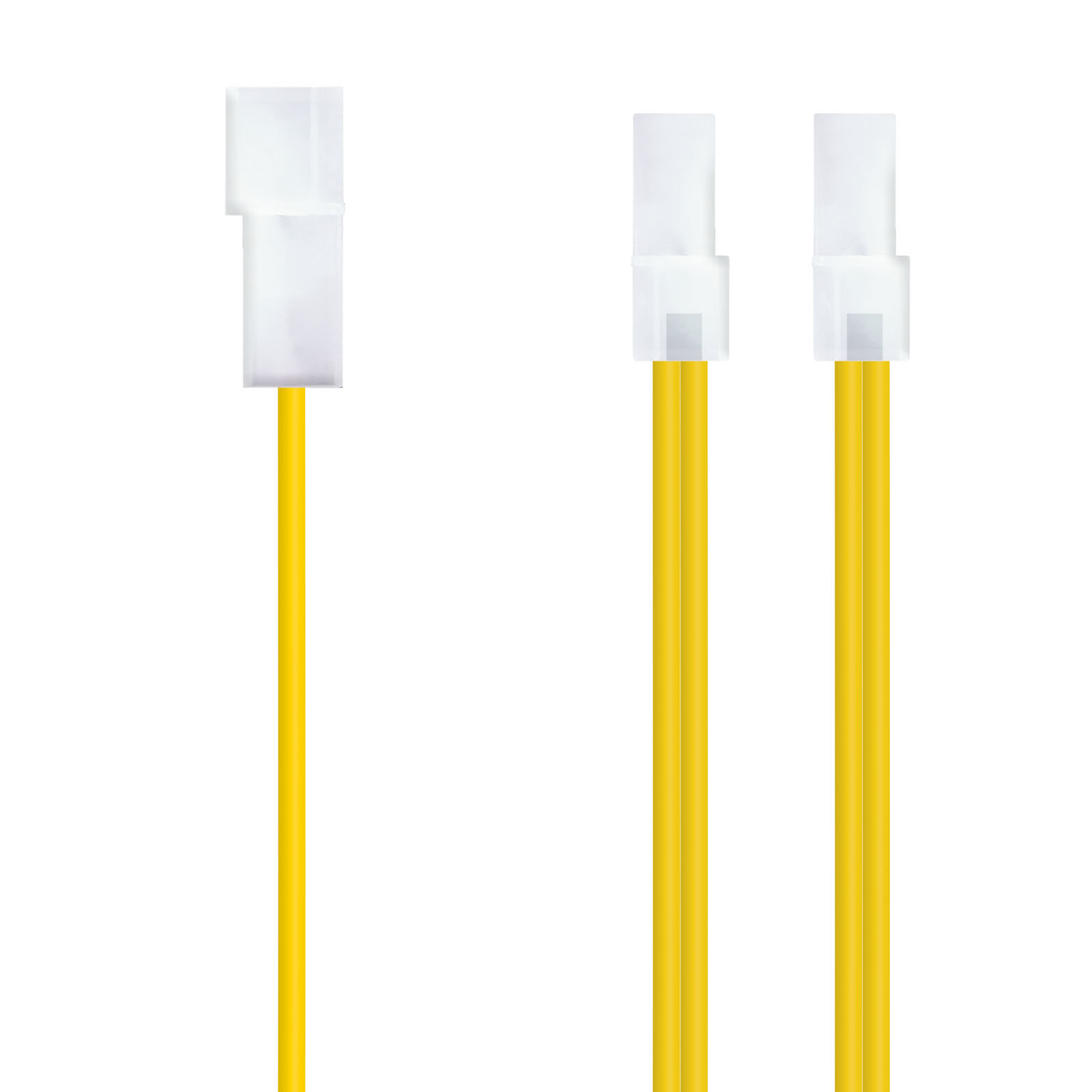 Tres cables amarillos con conectores blancos, aislados sobre blanco.