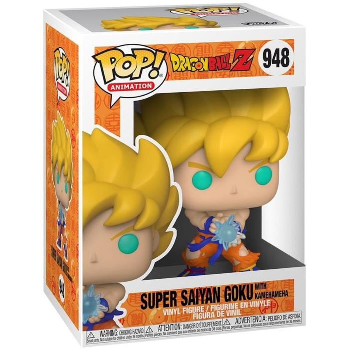 Scatola della statuetta di Goku di Dragon Ball Z. La scatola è arancione e bianca con immagini di Goku.