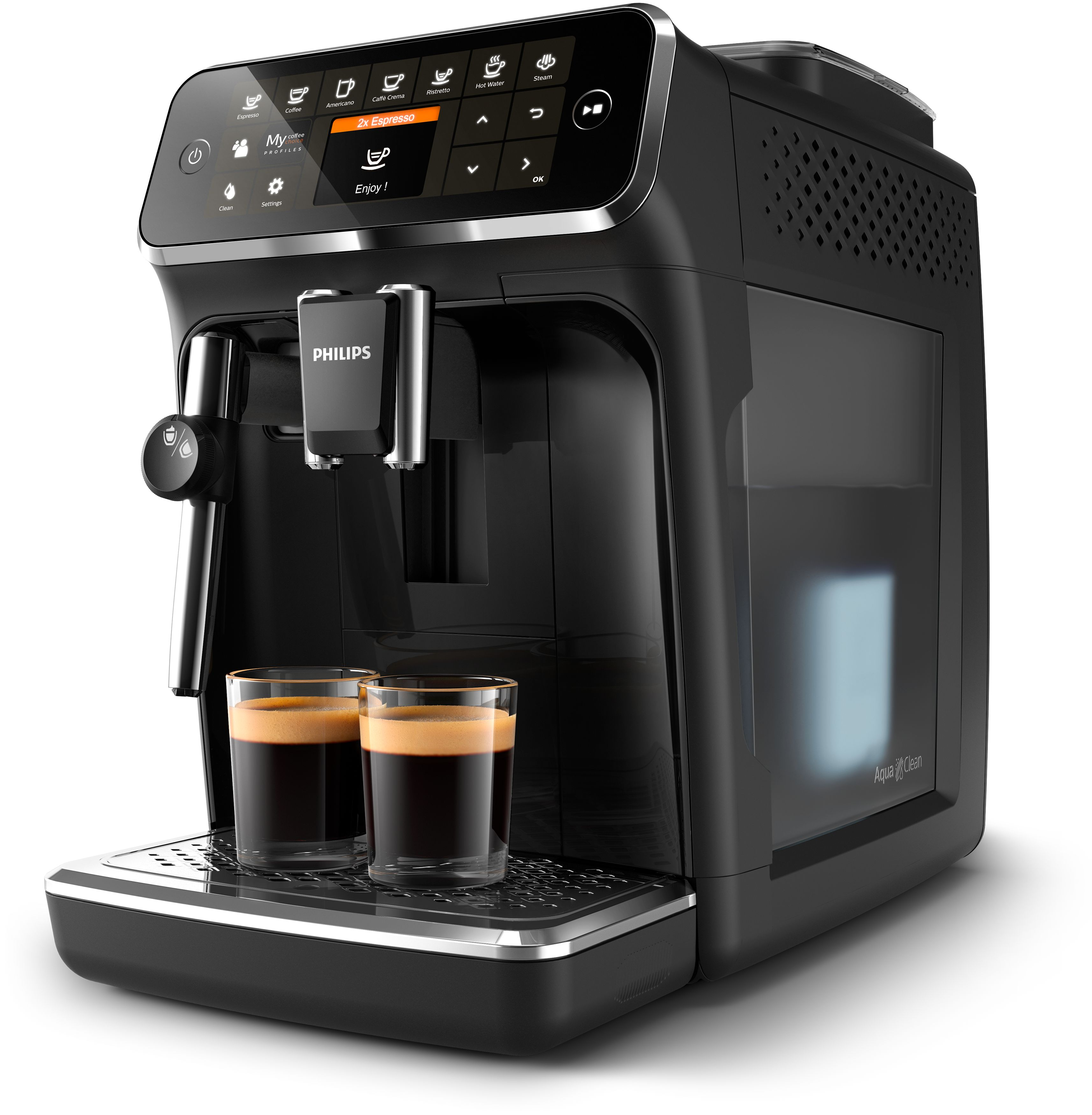 Cafetera negra con dos vasos de café. Una pantalla táctil está en la parte superior.