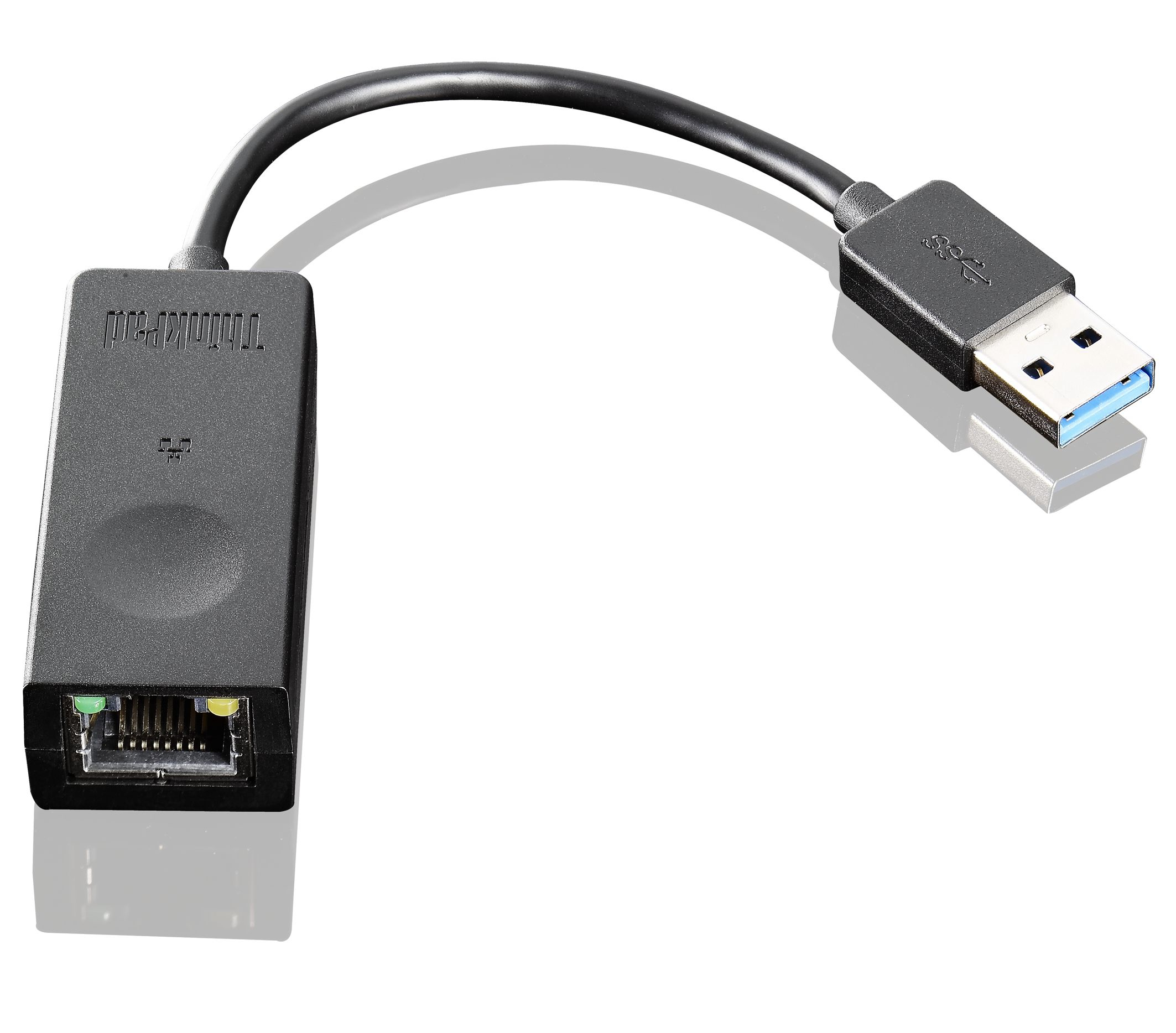 Adattatore ThinkPad nero con porte USB ed Ethernet.