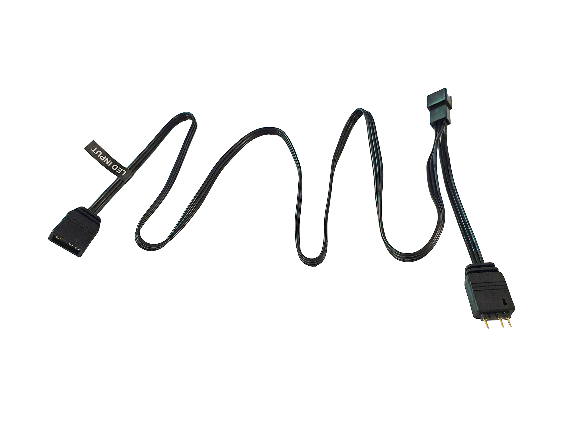 Cavo nero con due connettori: uno per ingresso LED, l'altro per una ventola. Sfondo bianco.