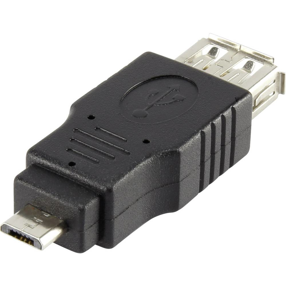 Adattatore USB nero con porta USB femmina e connettore micro USB.