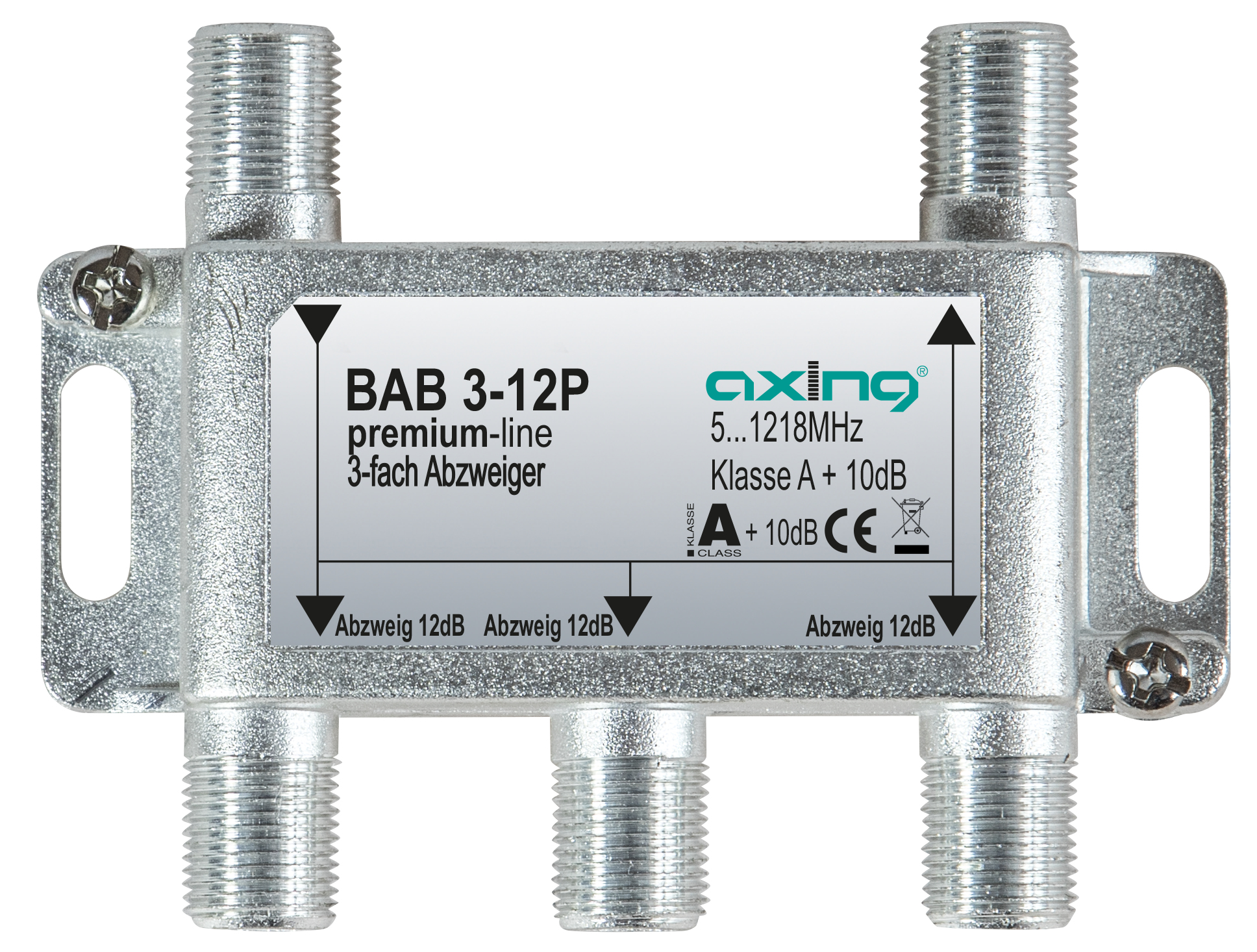 Splitter argentato con tre ingressi, testo al centro e sfondo bianco.