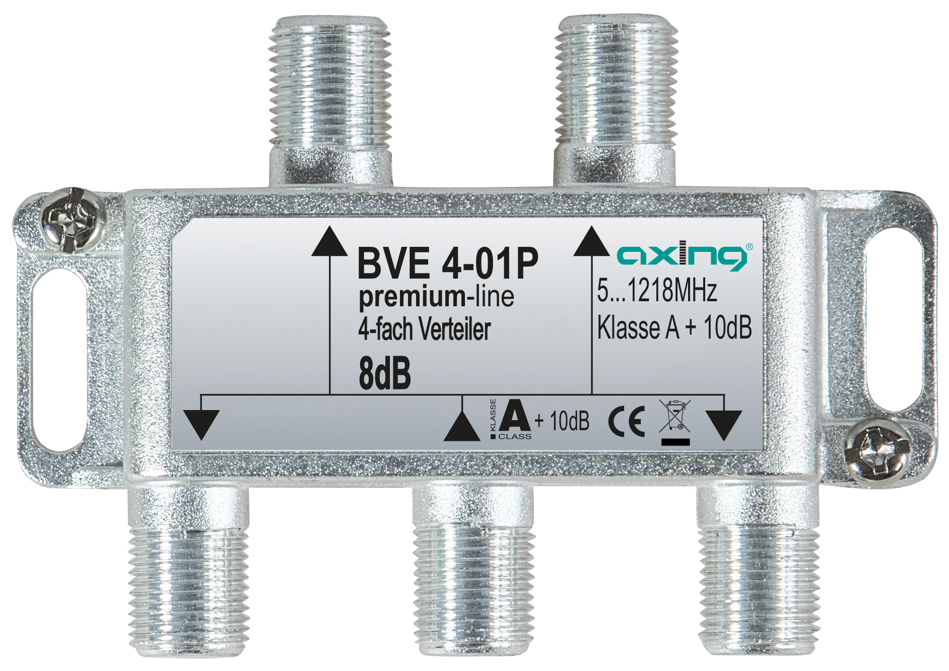 Splitter di segnale a 4 vie argentato con etichette.