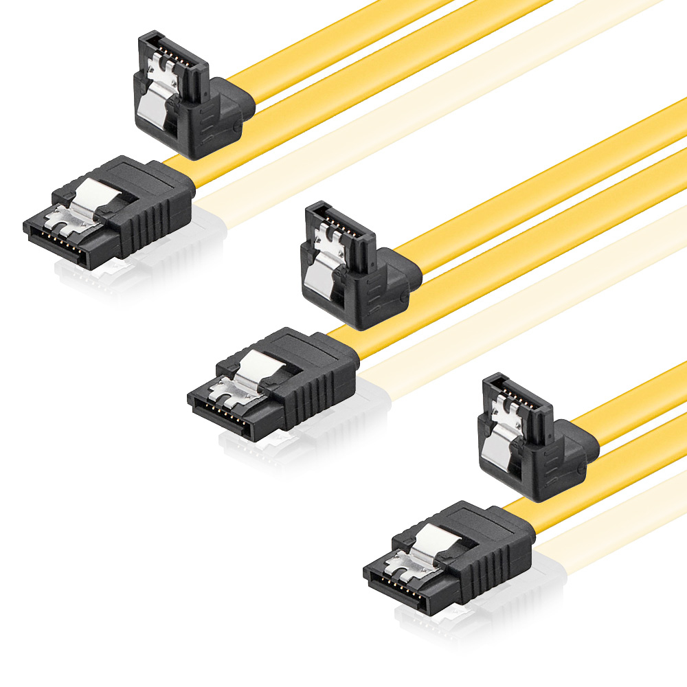 Trzy kable SATA z czarnymi wtyczkami. Żółte kable. Białe tło.