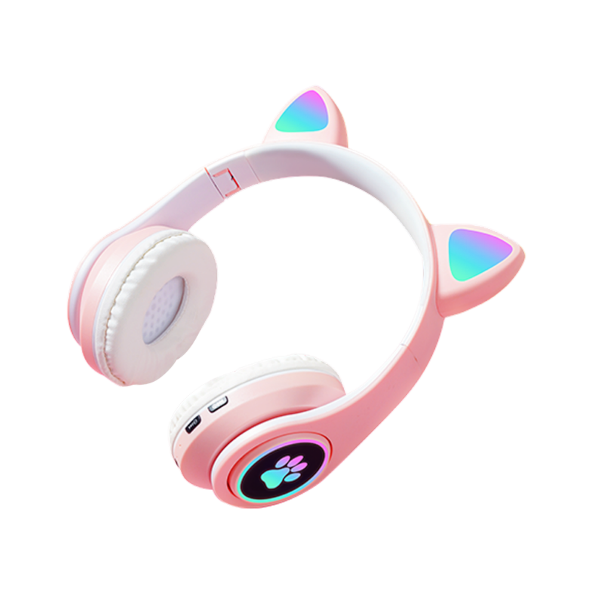 Różowe słuchawki z uszami kota z podświetlaną ikoną kociej łapy.