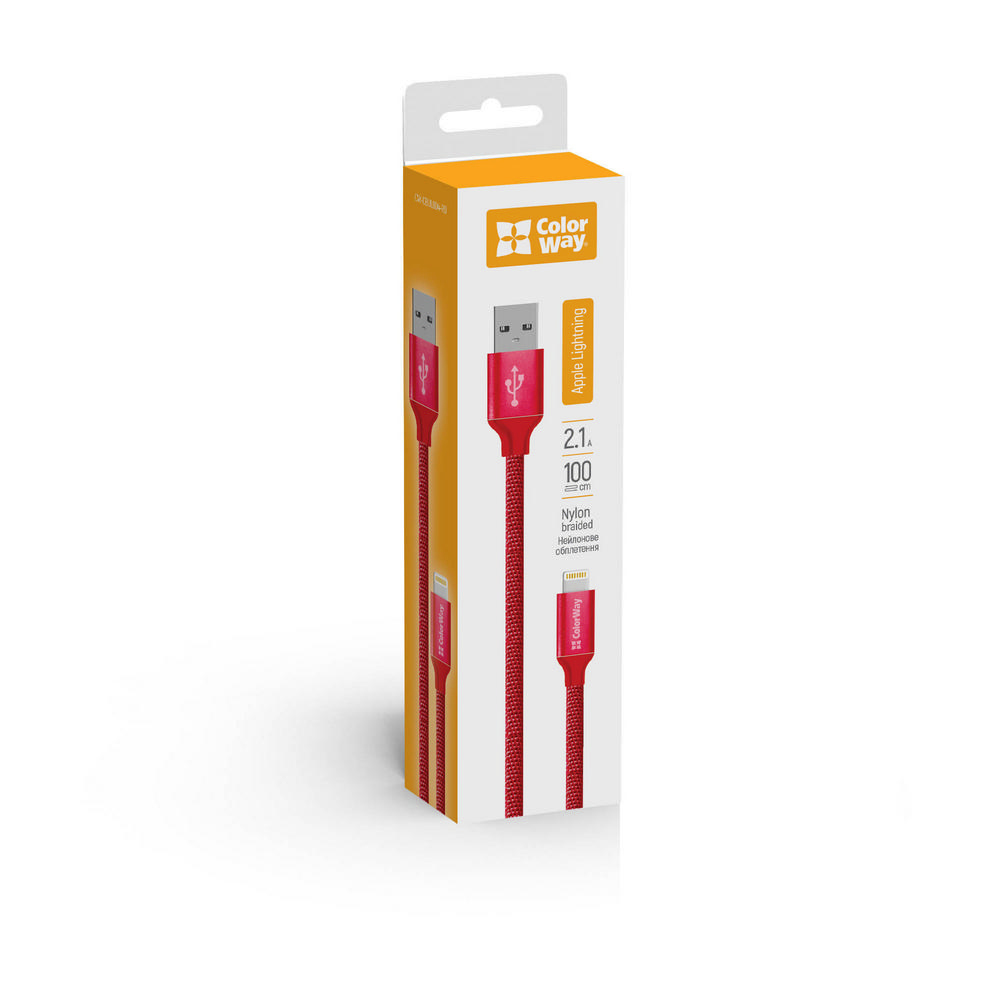 Cavo rosso e bianco in una scatola con testo su sfondo bianco.