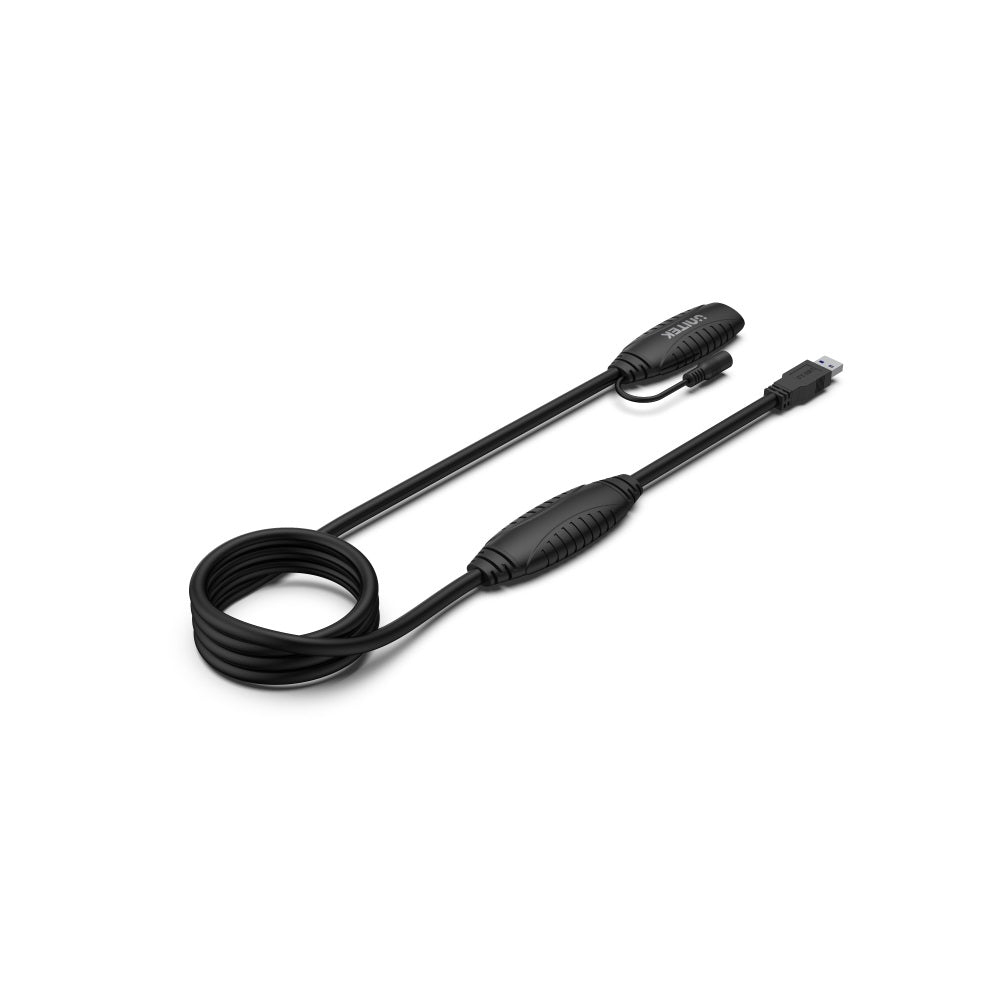 Cavo nero con USB e connettore con logo su sfondo bianco.