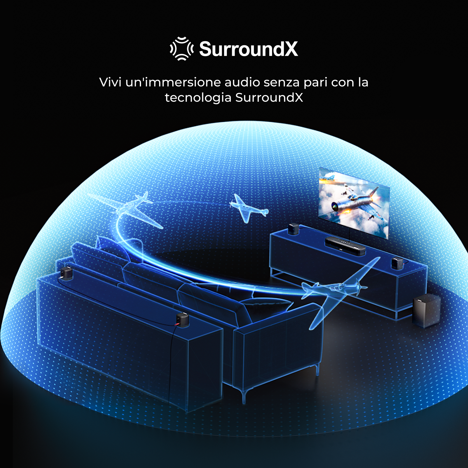 Illustrazione grafica del sistema SurroundX. Mostra un soggiorno con TV, divano e altoparlanti che emettono onde sonore blu.