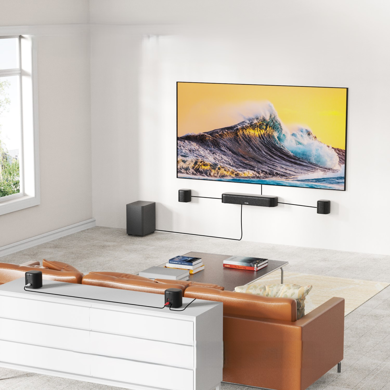 Salon z telewizorem, soundbarem, subwooferem i głośnikami surround. Brązowa skórzana sofa, biały stół.