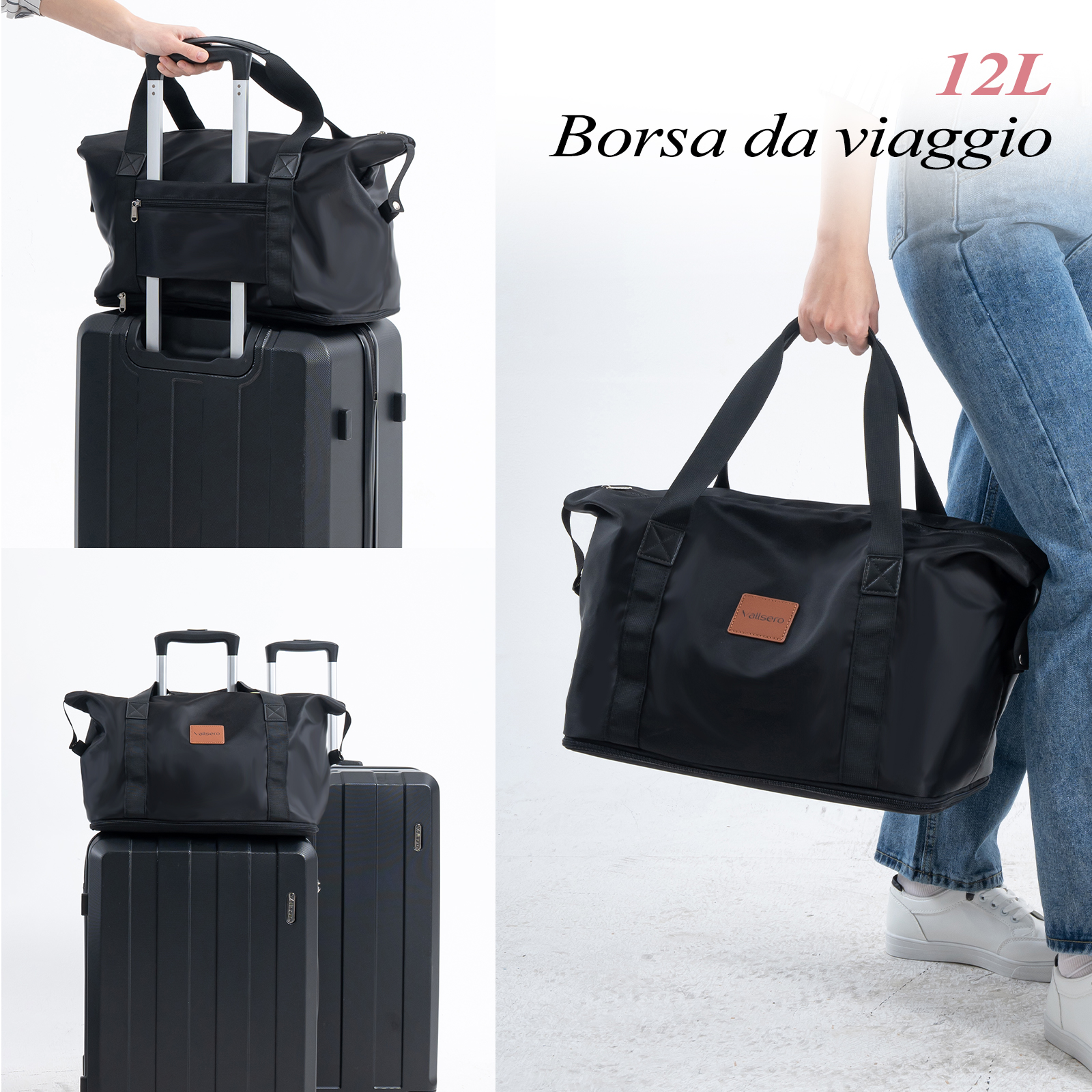 Un set di valigia e borsa da viaggio nera con una donna che tiene una borsa. Il testo dice 'Borsa da viaggio 12L'. C'è un bambino.