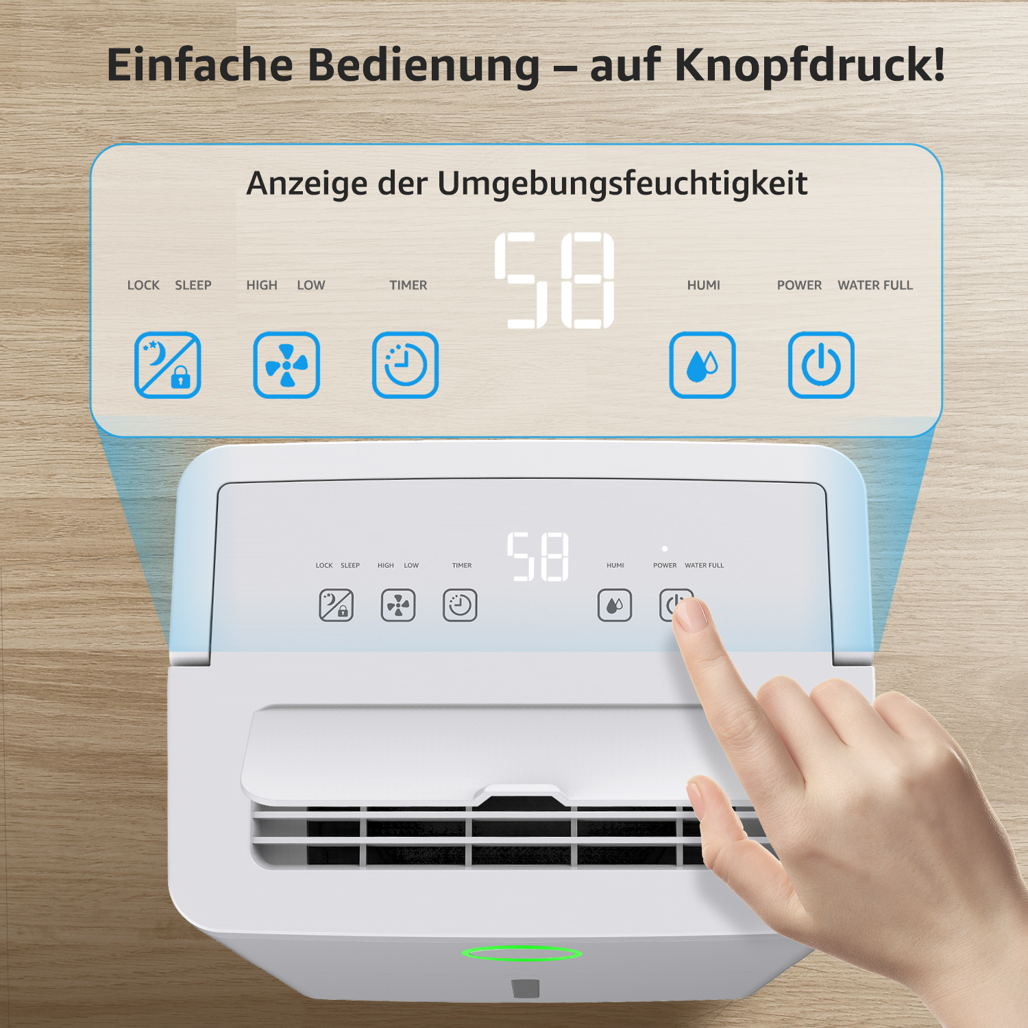 Luftentfeuchter-Bedienfeld mit Anzeige der Luftfeuchtigkeit und Tasten.