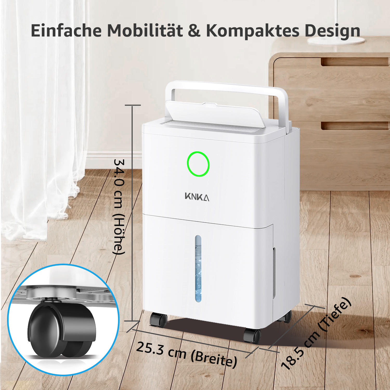 Ein weißer Luftentfeuchter mit Abmessungen. Die Höhe beträgt 34 cm, die Breite 25,3 cm und die Tiefe 18,5 cm. Es hat Räder.
