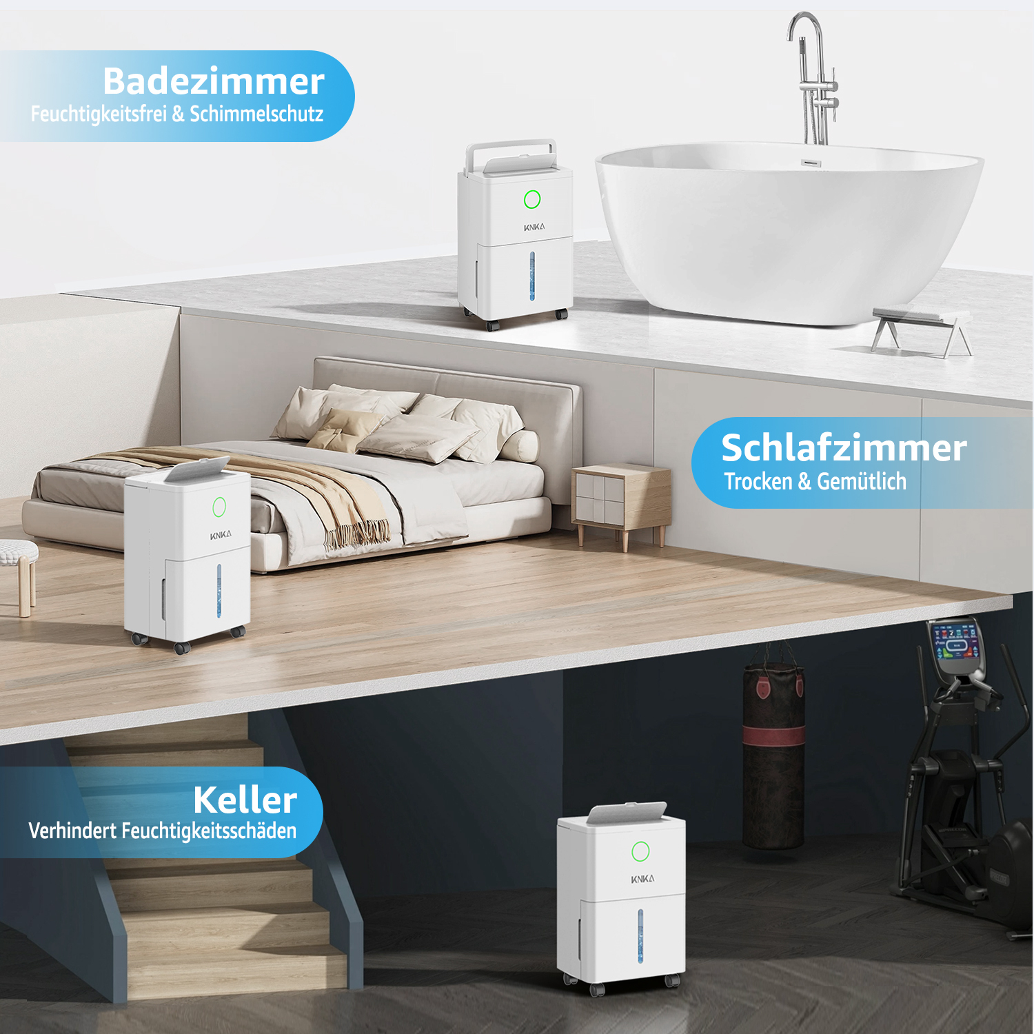 Diagramm, das einen Luftentfeuchter in einem Badezimmer, Schlafzimmer und Keller zeigt.