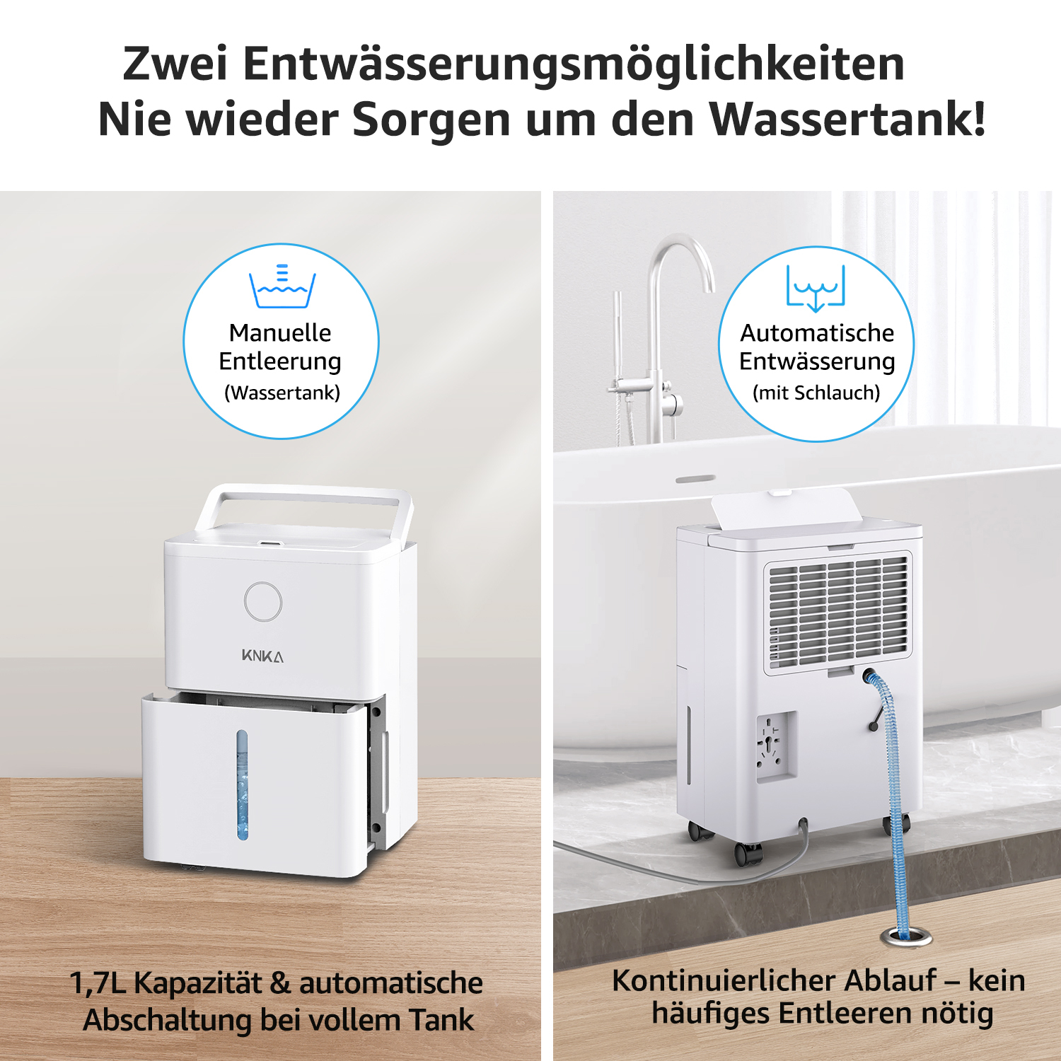 Ein Luftentfeuchter mit zwei Entwässerungsmöglichkeiten: manuell und automatisch. Er hat ein Fassungsvermögen von 1,7 l und eine automatische Abschaltung.