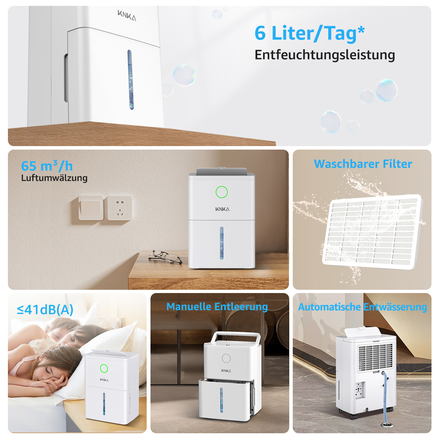 Ein Luftentfeuchter mit Funktionen: 6 l/Tag Entfeuchtung, 65 m³/h Luftzirkulation, waschbarer Filter und automatische Entwässerung.