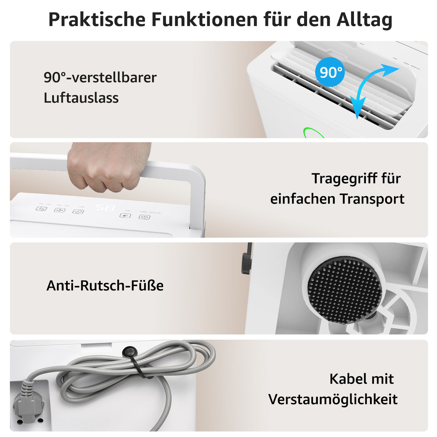 Nahaufnahmen eines Luftentfeuchters. Zu den Merkmalen gehören ein einstellbarer Luftauslass, ein Tragegriff, Anti-Rutsch-Füße und ein Netzkabel mit Aufbewahrung.
