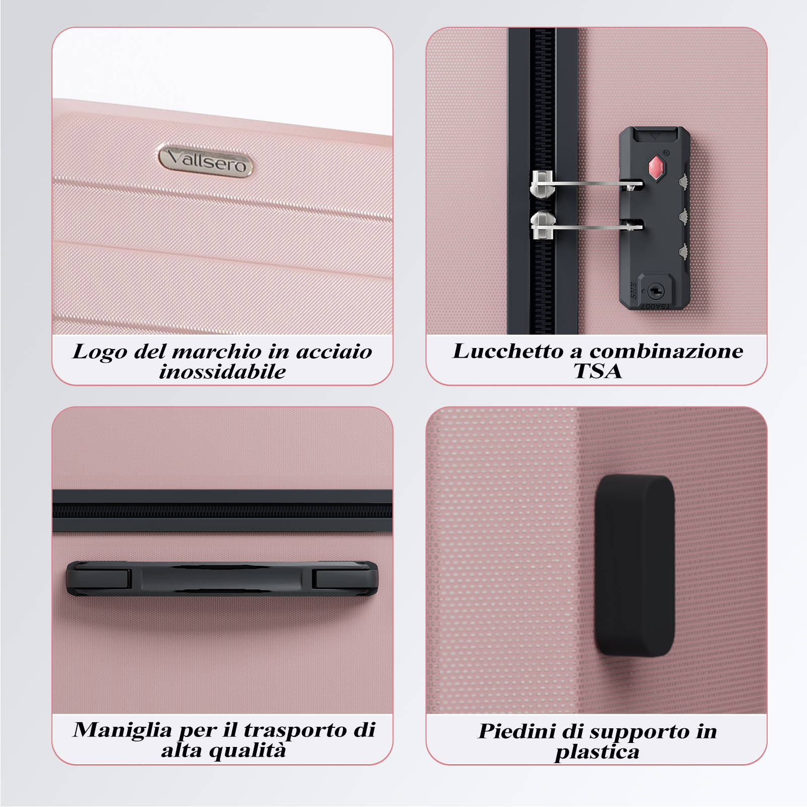 Primi piani di una valigia rosa. I dettagli includono il logo del marchio, un lucchetto a combinazione TSA, una maniglia e piedini di supporto.