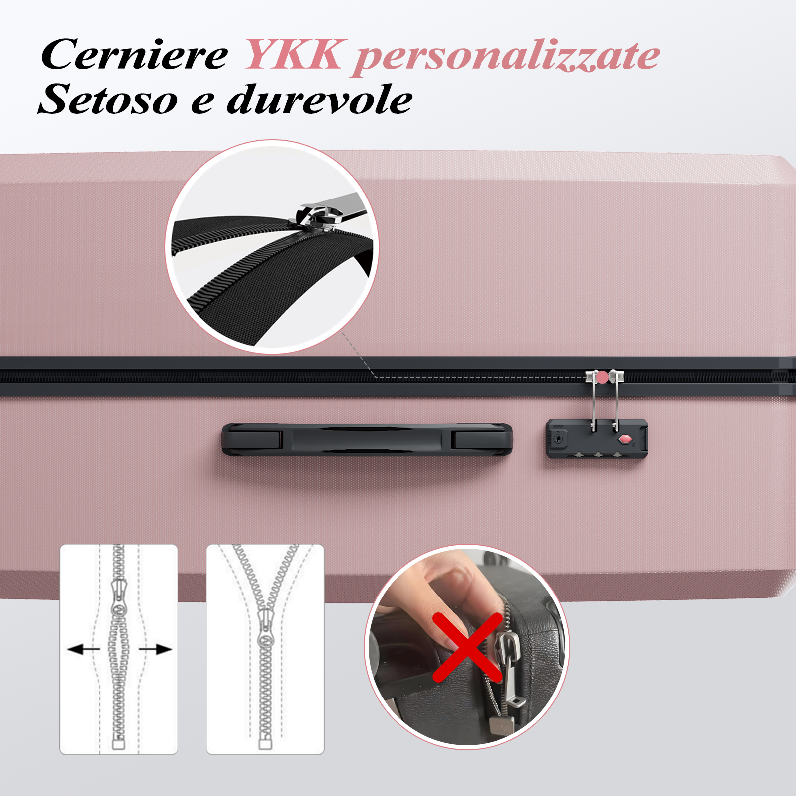 Primo piano della cerniera e della serratura di una valigia rosa. Testo: 'Cerniere YKK personalizzate Setoso e durevole'.