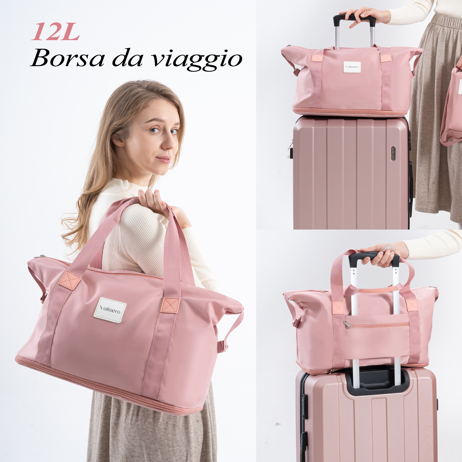 Donna con borsa da viaggio rosa. Vengono mostrate altre borse e valigie. Testo: 12L Borsa da viaggio.