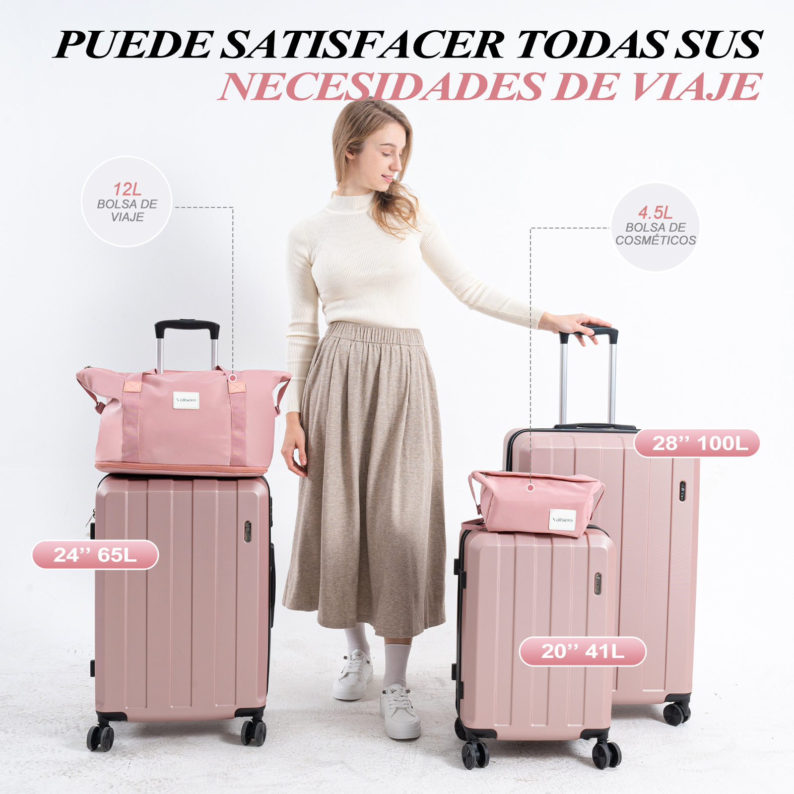 Mujer con juego de equipaje; maletas rosas, bolsa de viaje y neceser.