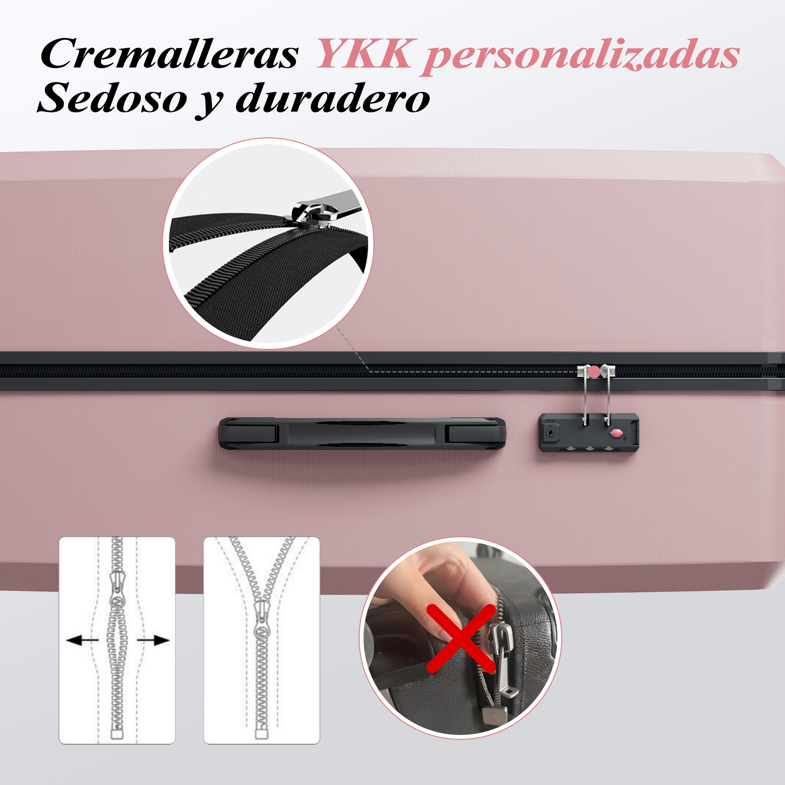 Primer plano de la cremallera de una maleta, con detalles de la resistencia y cierre.