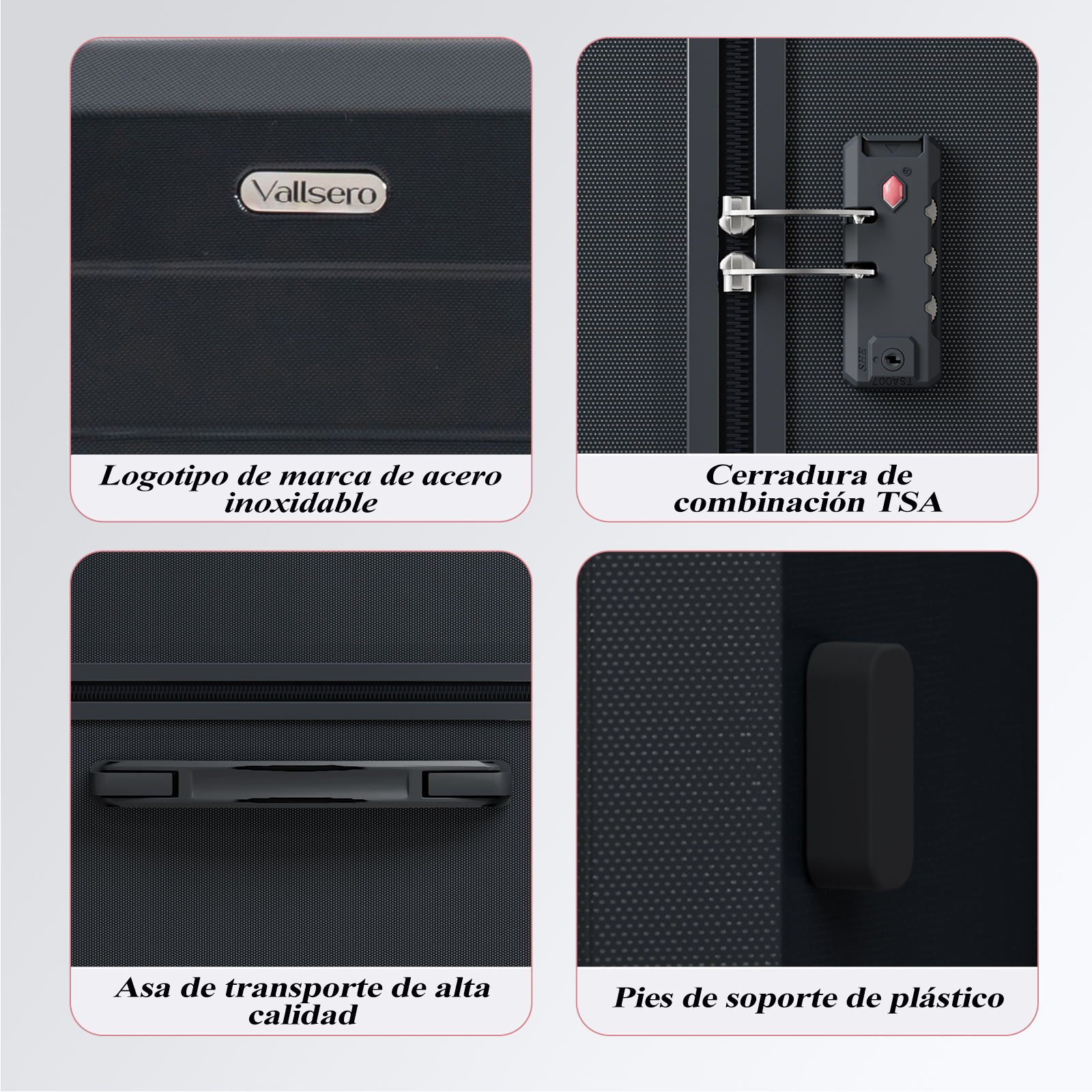 Imágenes de primer plano de una maleta negra, que muestran detalles como el logotipo, el asa y la cerradura.