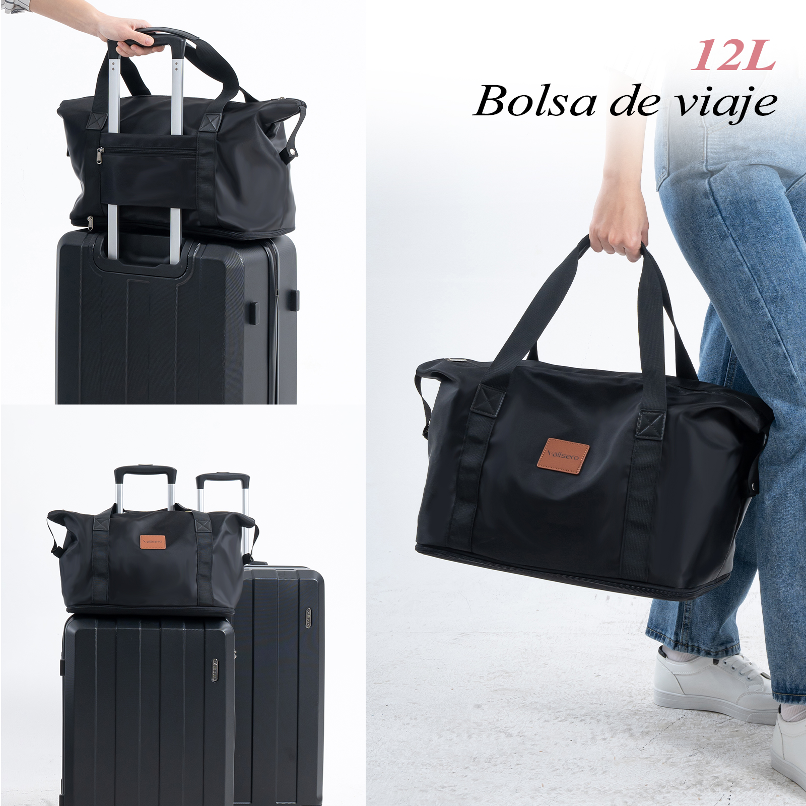 Juego de equipaje con una bolsa de lona y maletas en diferentes arreglos y ángulos.