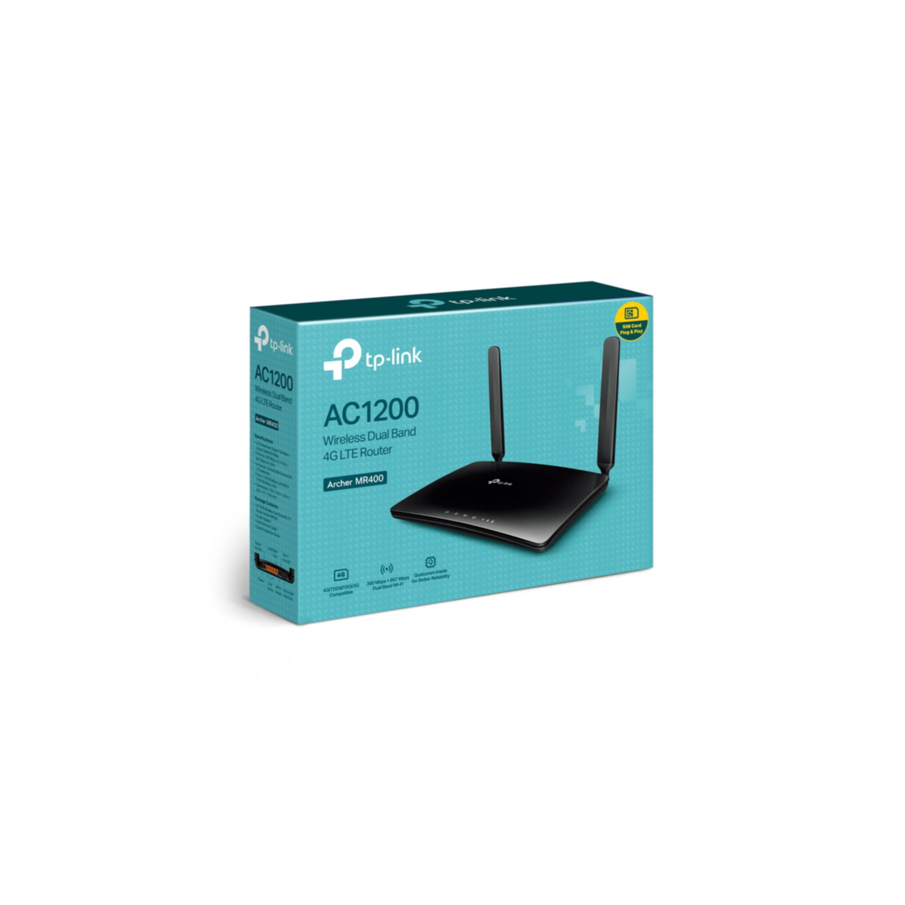 Router TP-Link AC1200 bezprzewodowy dwuzakresowy 4G LTE w pudełku. Pudełko jest biało-niebieskie.