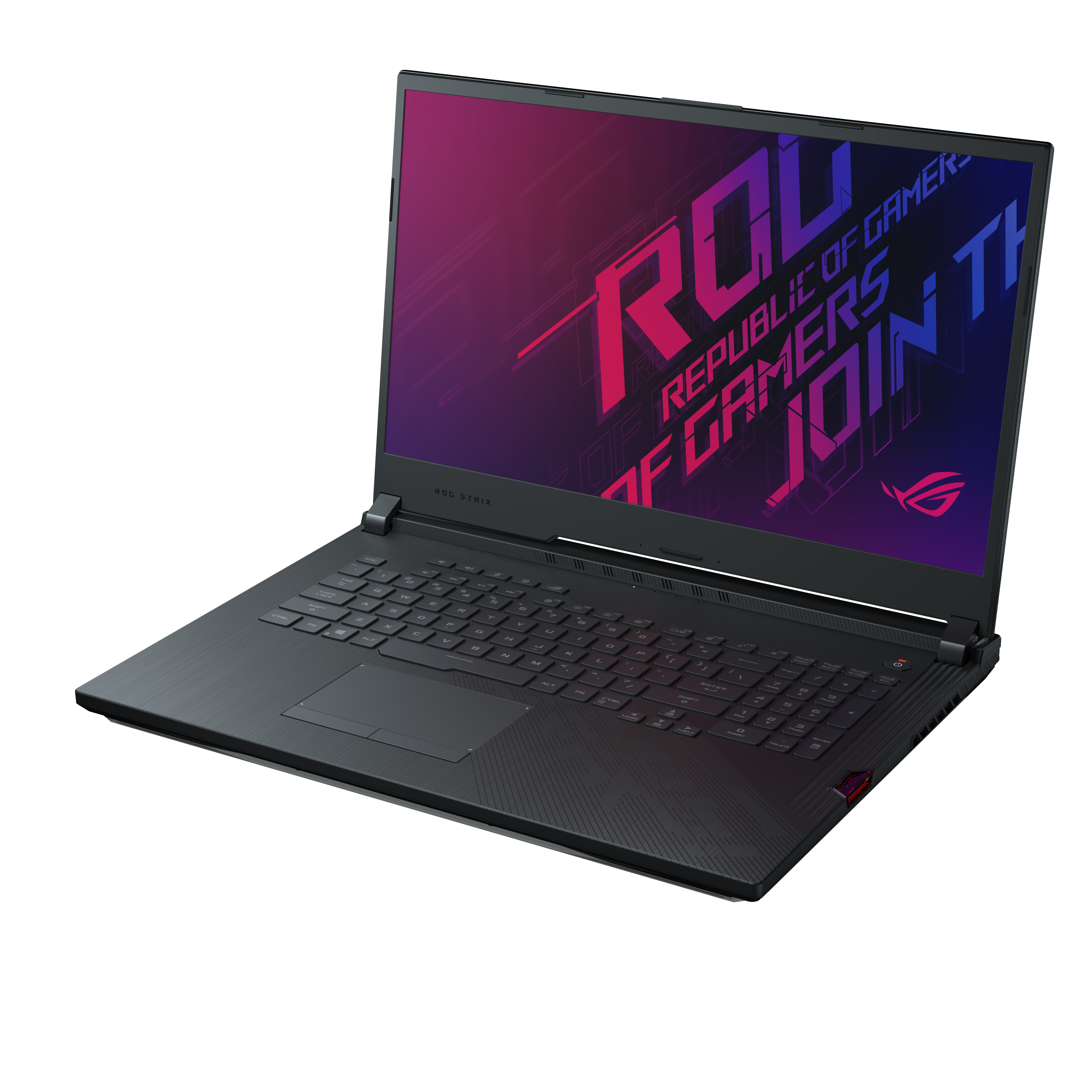 Ordinateur portable ROG noir, ouvert avec texte à l'écran. Fond blanc.
