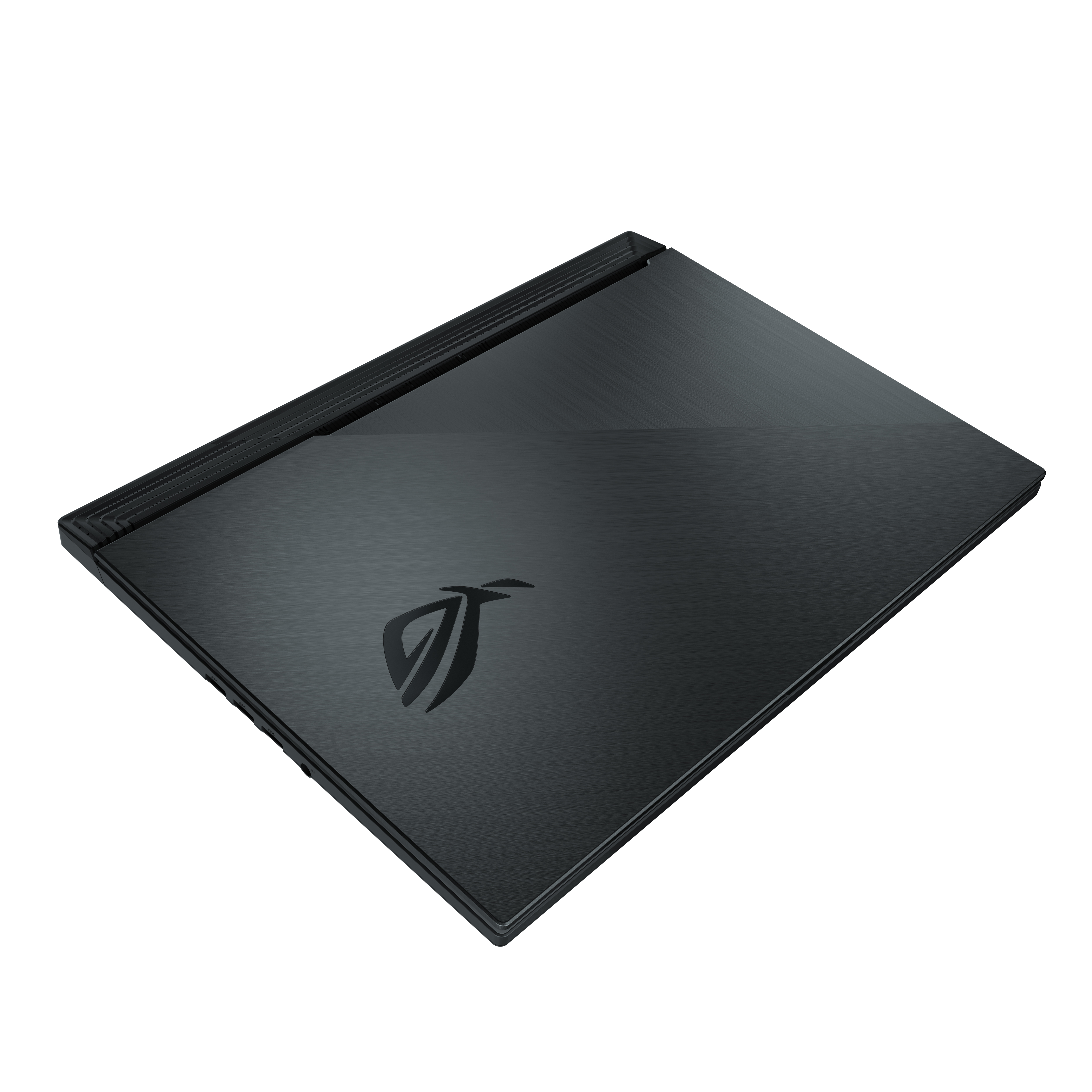 Ordinateur portable noir, fermé. Logo ROG sur le capot supérieur. Le fond est blanc.