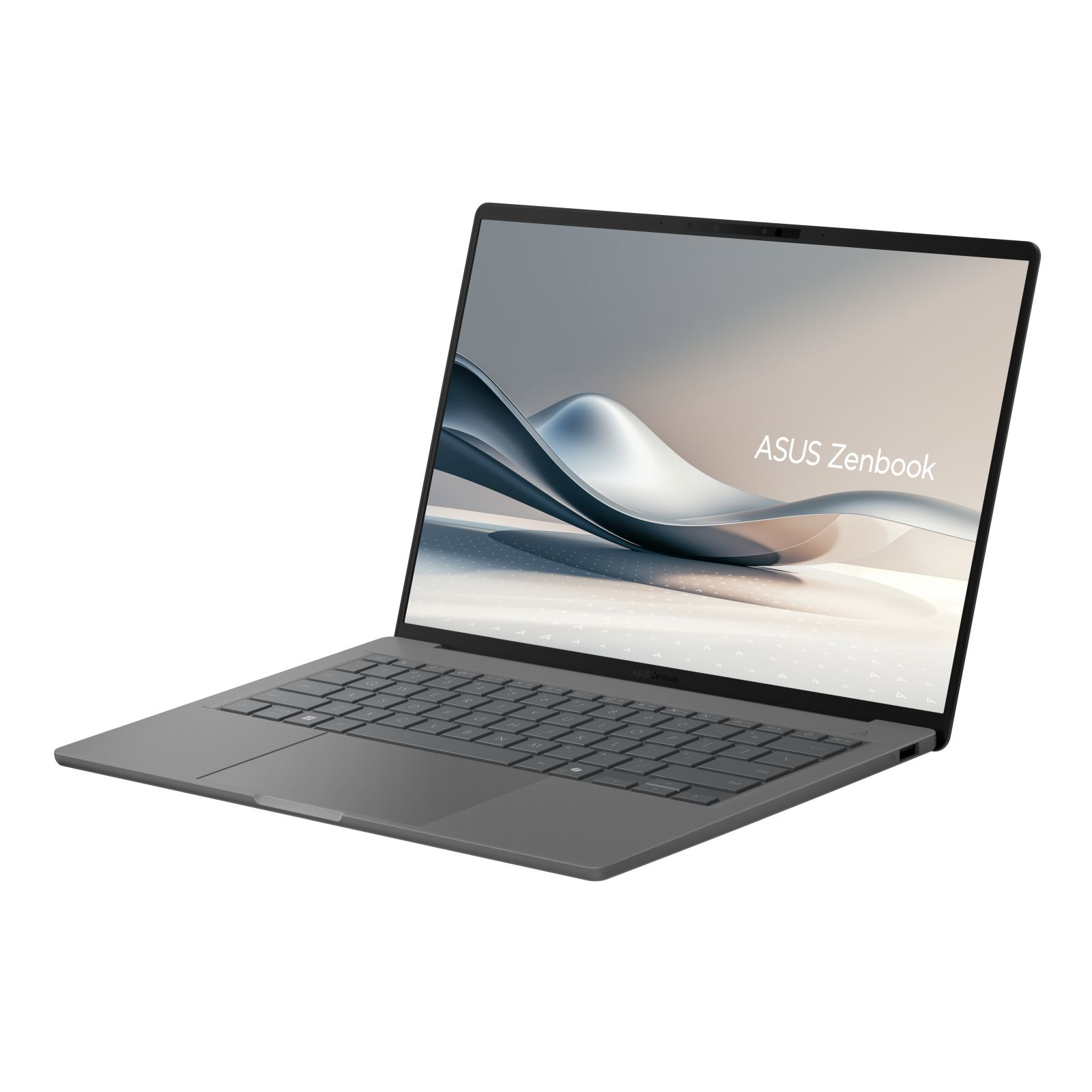Szary laptop otwarty, wyświetlający logo ASUS Zenbook na ekranie. Laptop jest pod kątem, klawiatura widoczna.