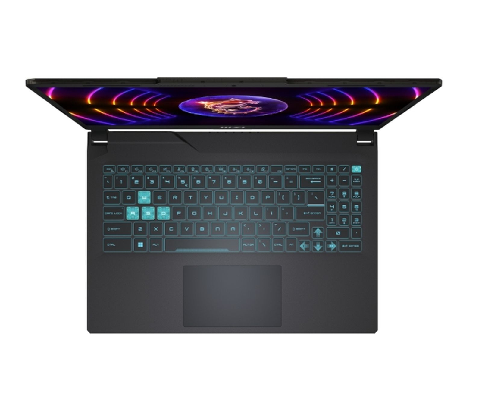 Widok z góry na laptopa, otwarty, podświetlana klawiatura.