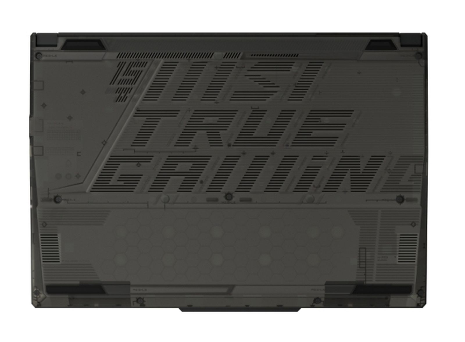 Podstawa laptopa z tekstem: "TRUE GAMING" i designem.