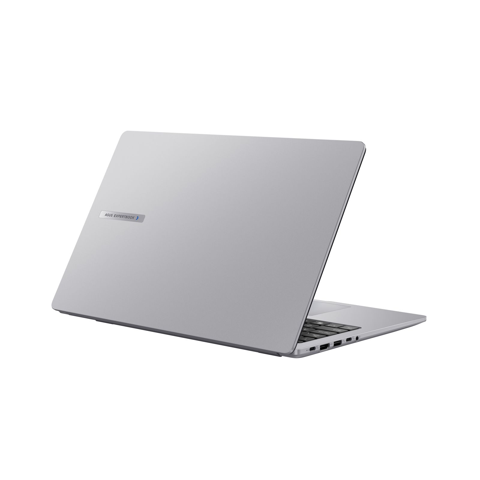 Srebrny laptop z tyłu, z logo ASUS. Białe tło.