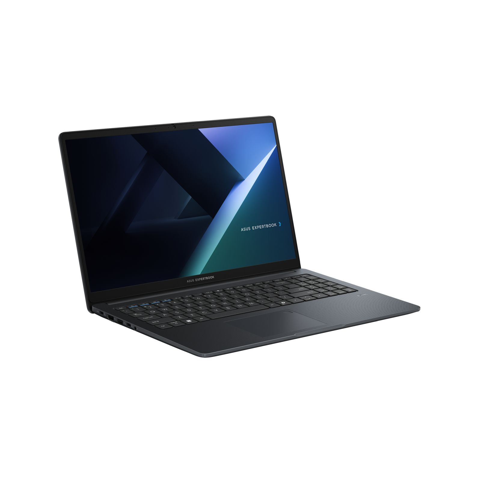 Ciemny laptop, otwarty, ASUS ExpertBook. Ekran z niebiesko-białą grafiką.