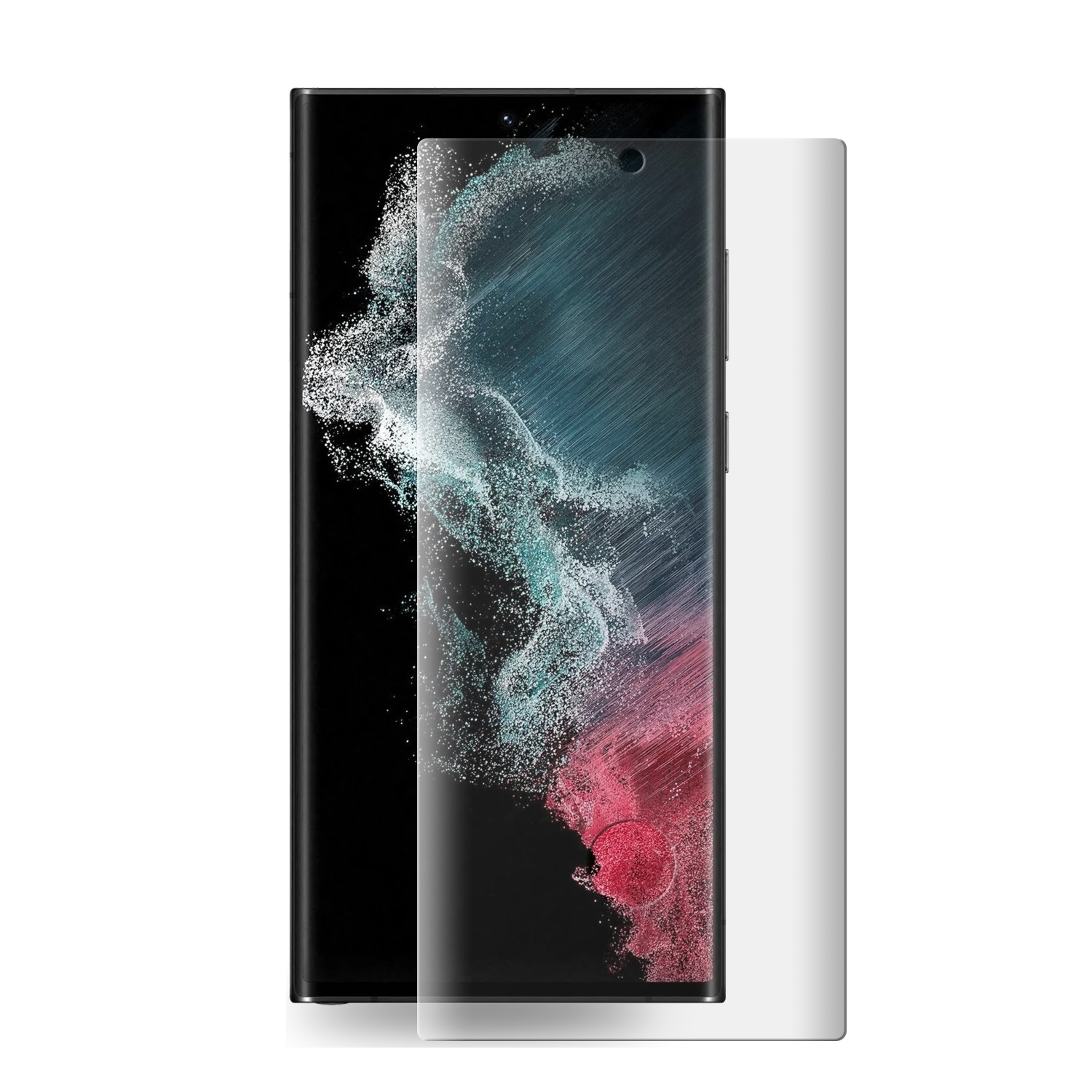 Telefon mit Displayschutz. Abstrakter Hintergrund sichtbar. Schwarzes Telefon, klarer Schutz.