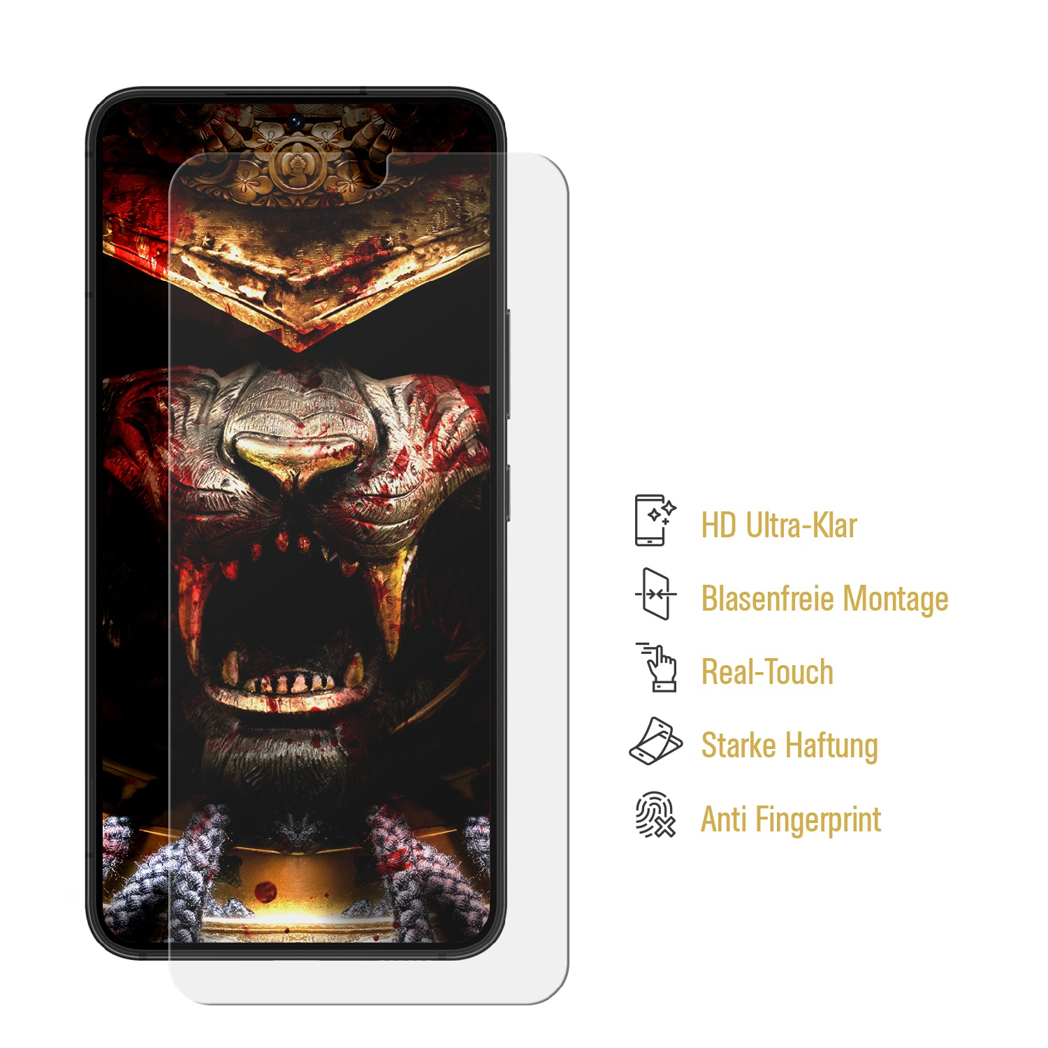 Telefonbildschirm mit Löwenbild hinter Displayschutzfolie, mit Symbolen. Schwarzer Hintergrund.