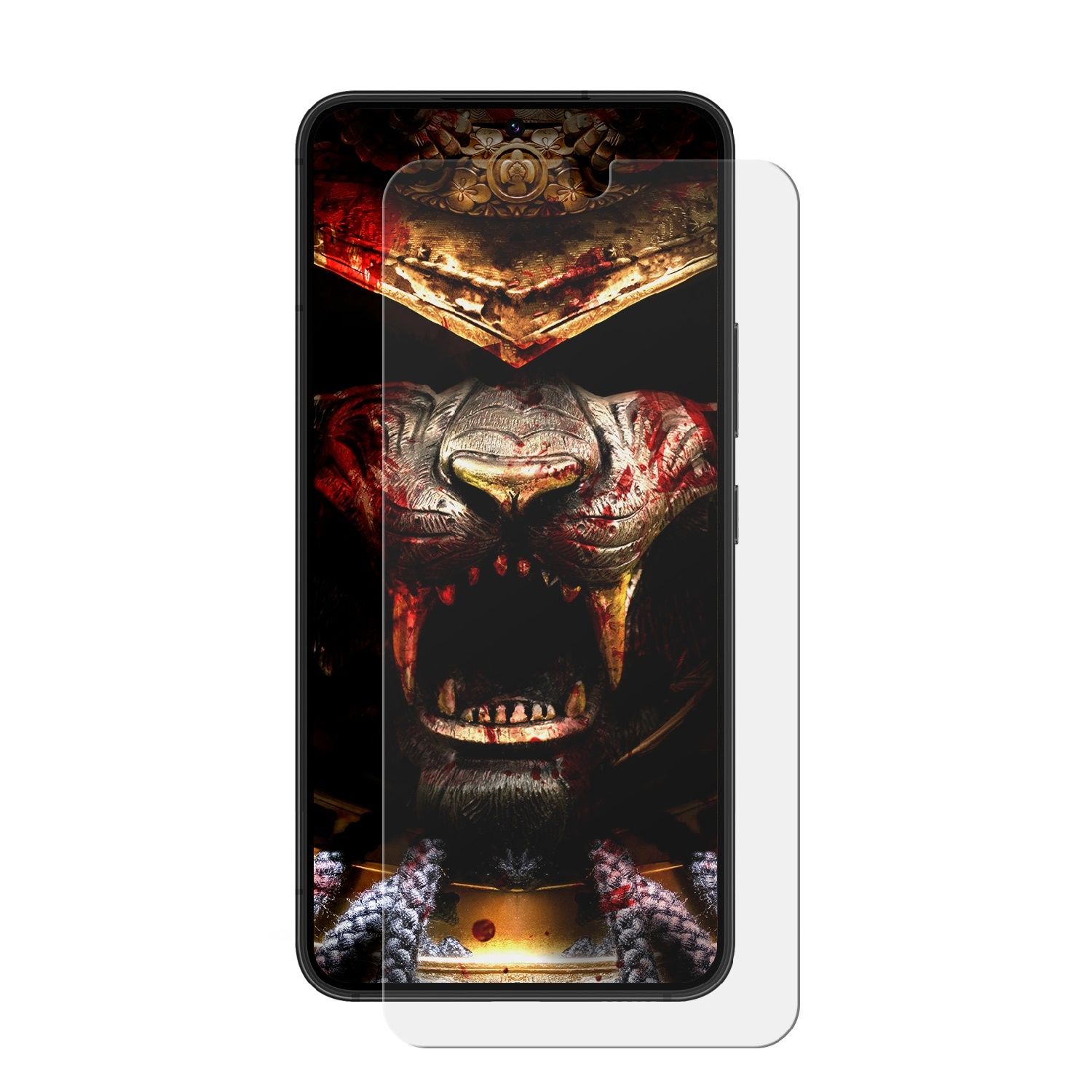 Telefon mit farbigem Bild hinter Displayschutz. Schwarzer Hintergrund.