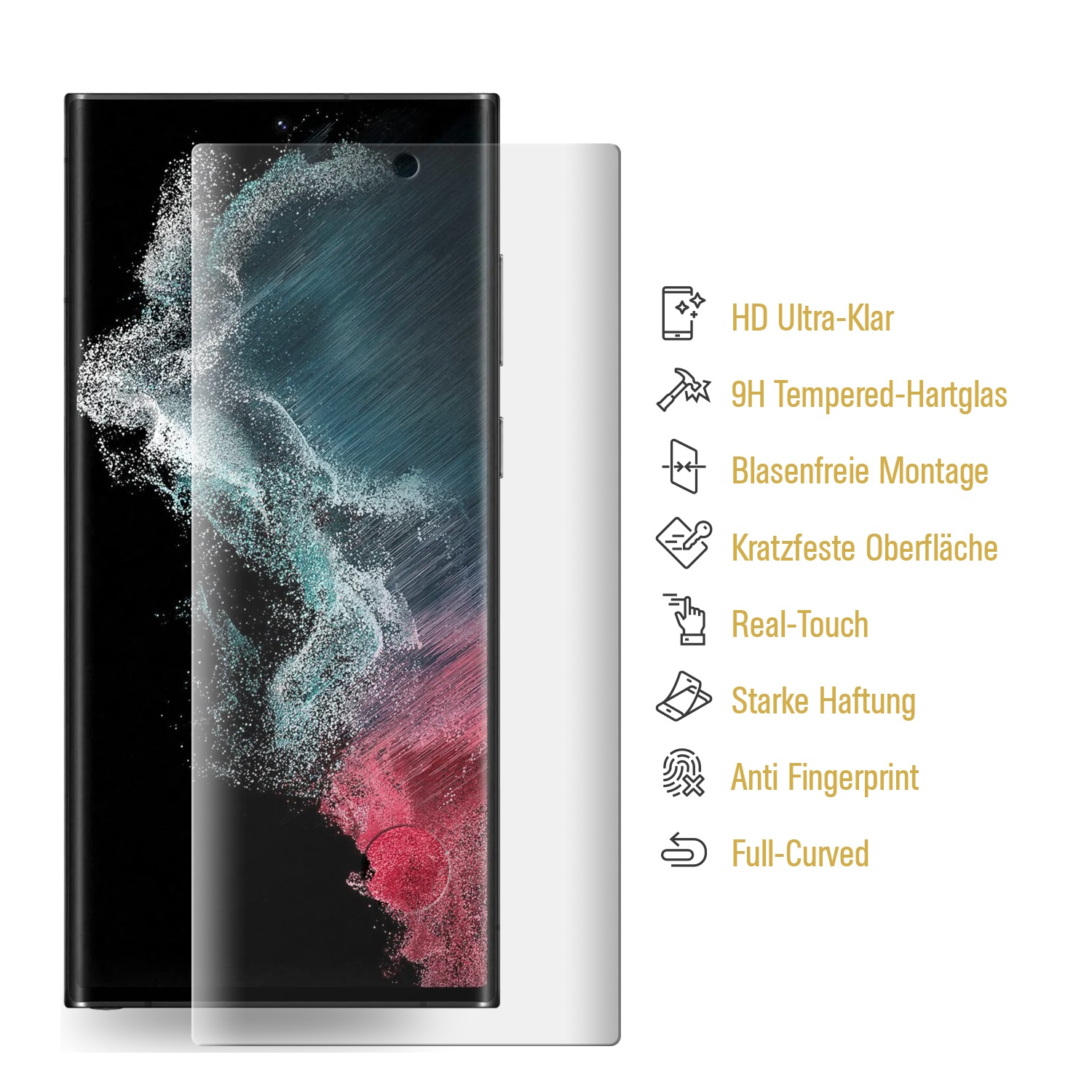 Telefon mit Displayschutz, zeigt Symbole. Weißer Hintergrund.