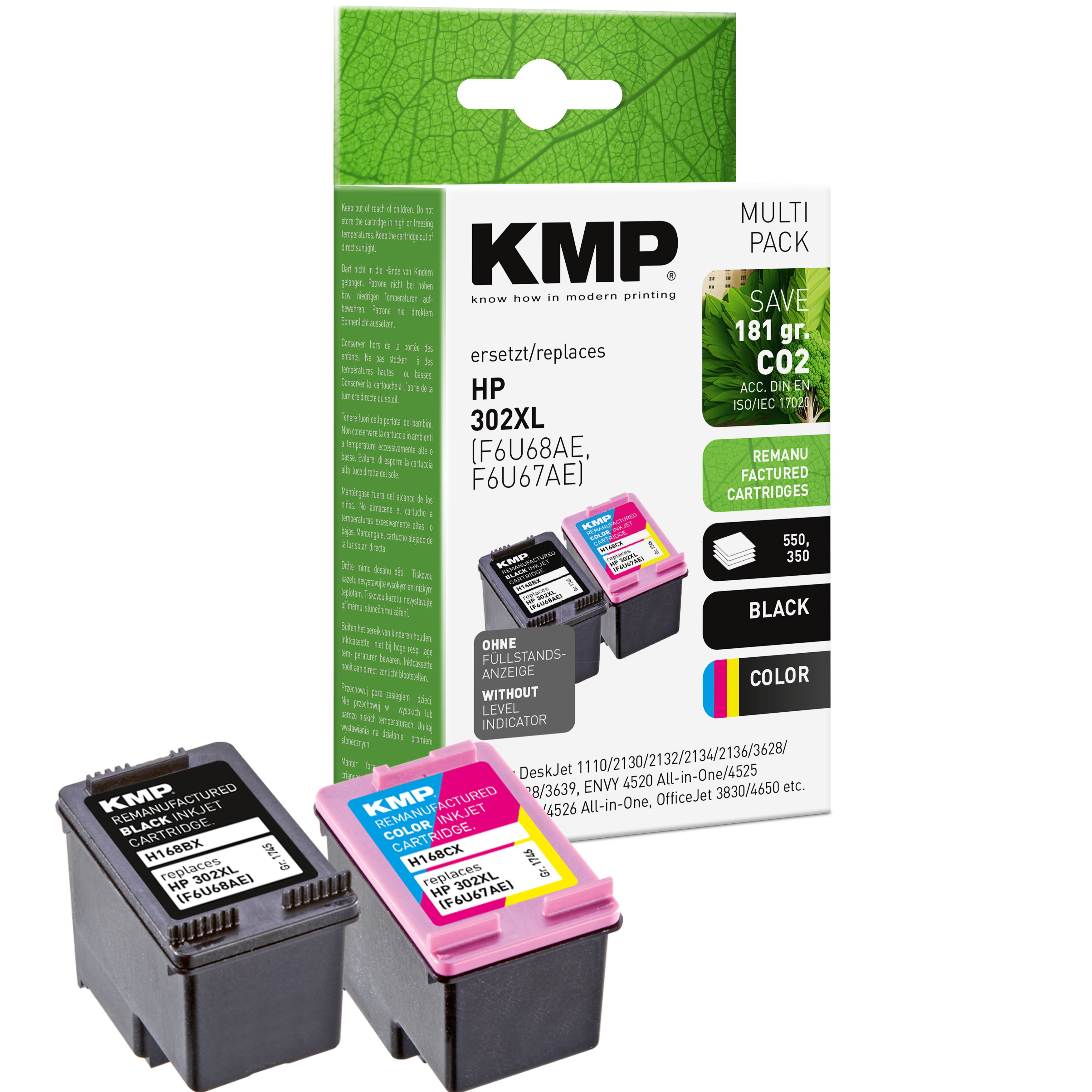 Cartucce a getto d'inchiostro in una scatola KMP. Le cartucce includono nero, magenta e giallo.