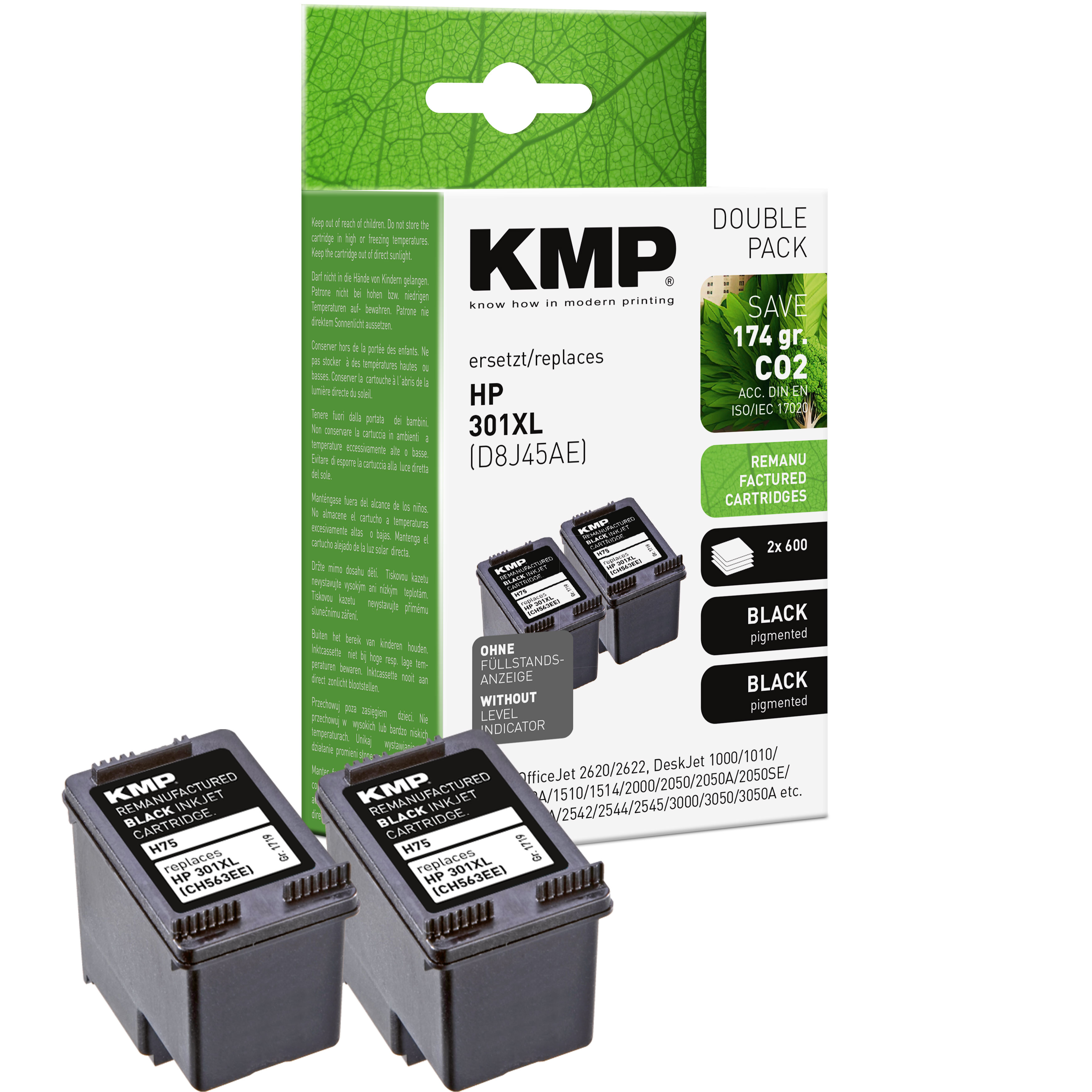 Ein Doppelpack HP 301XL Patronen und zwei einzelne Patronen.