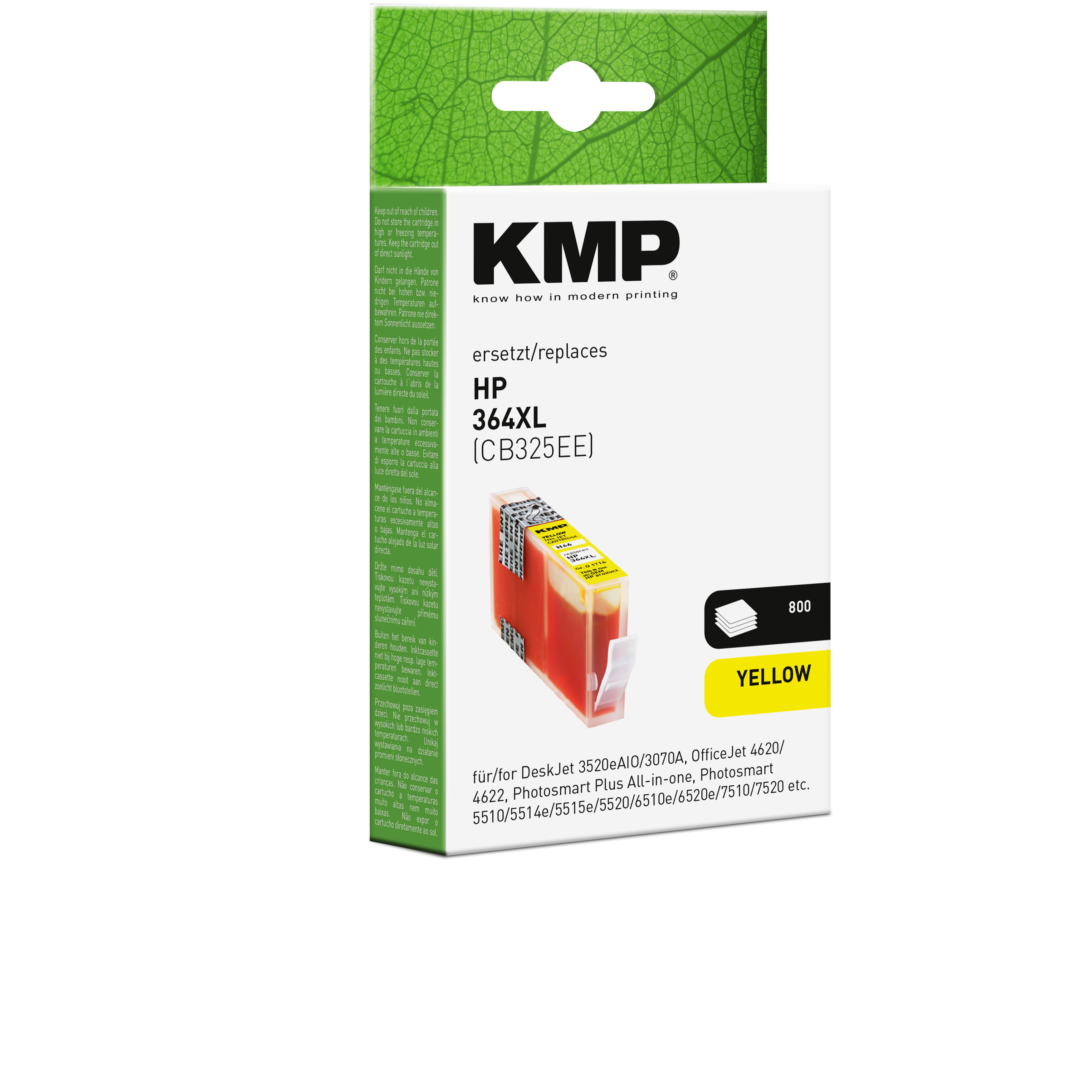 Eine gelbe HP 364XL Patrone steht vor ihrer Verpackung. Box sagt 'Gelb'.