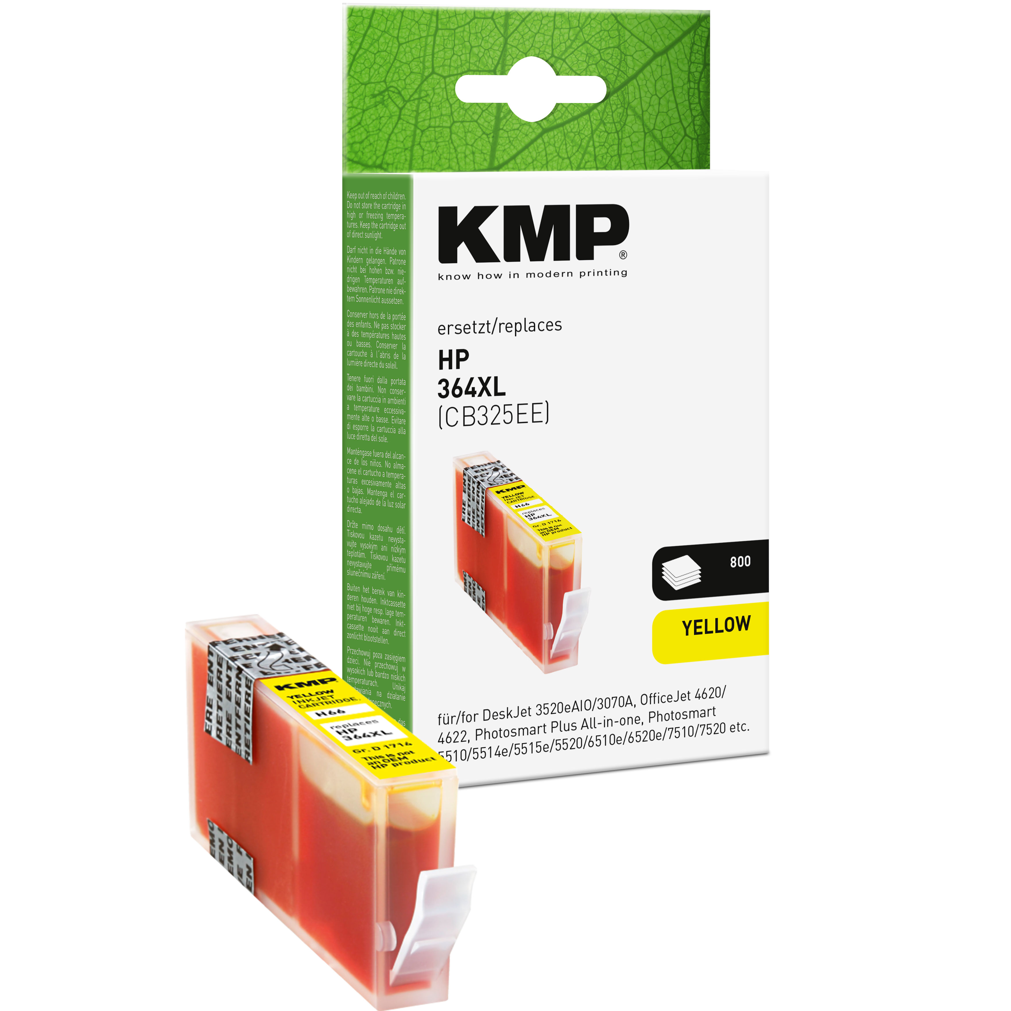 Eine gelbe HP 364XL Patrone steht vor ihrer Verpackung. Box sagt 'Gelb'.