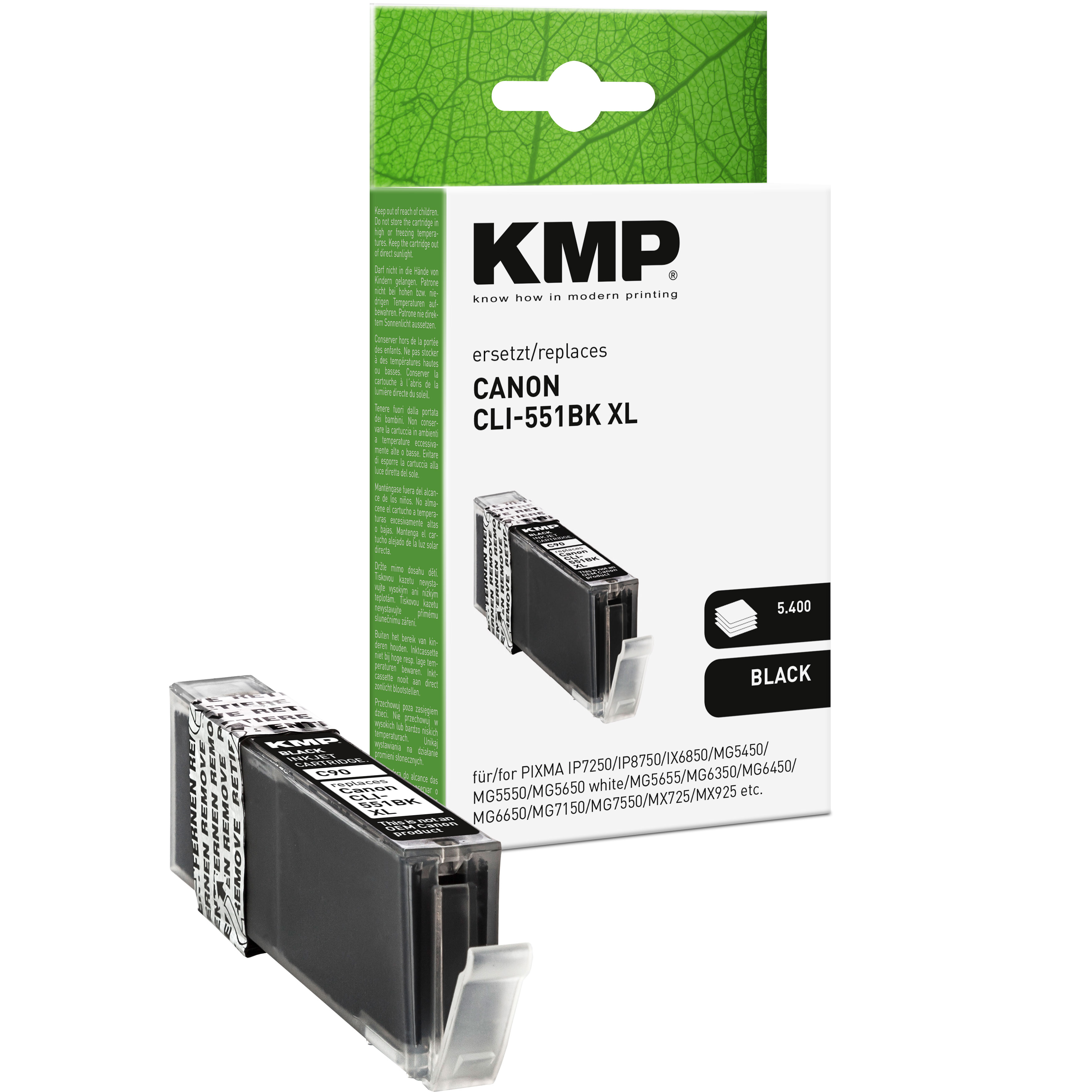 Una cartuccia Canon CLI-551BK XL è accanto alla sua scatola. La cartuccia è nera.