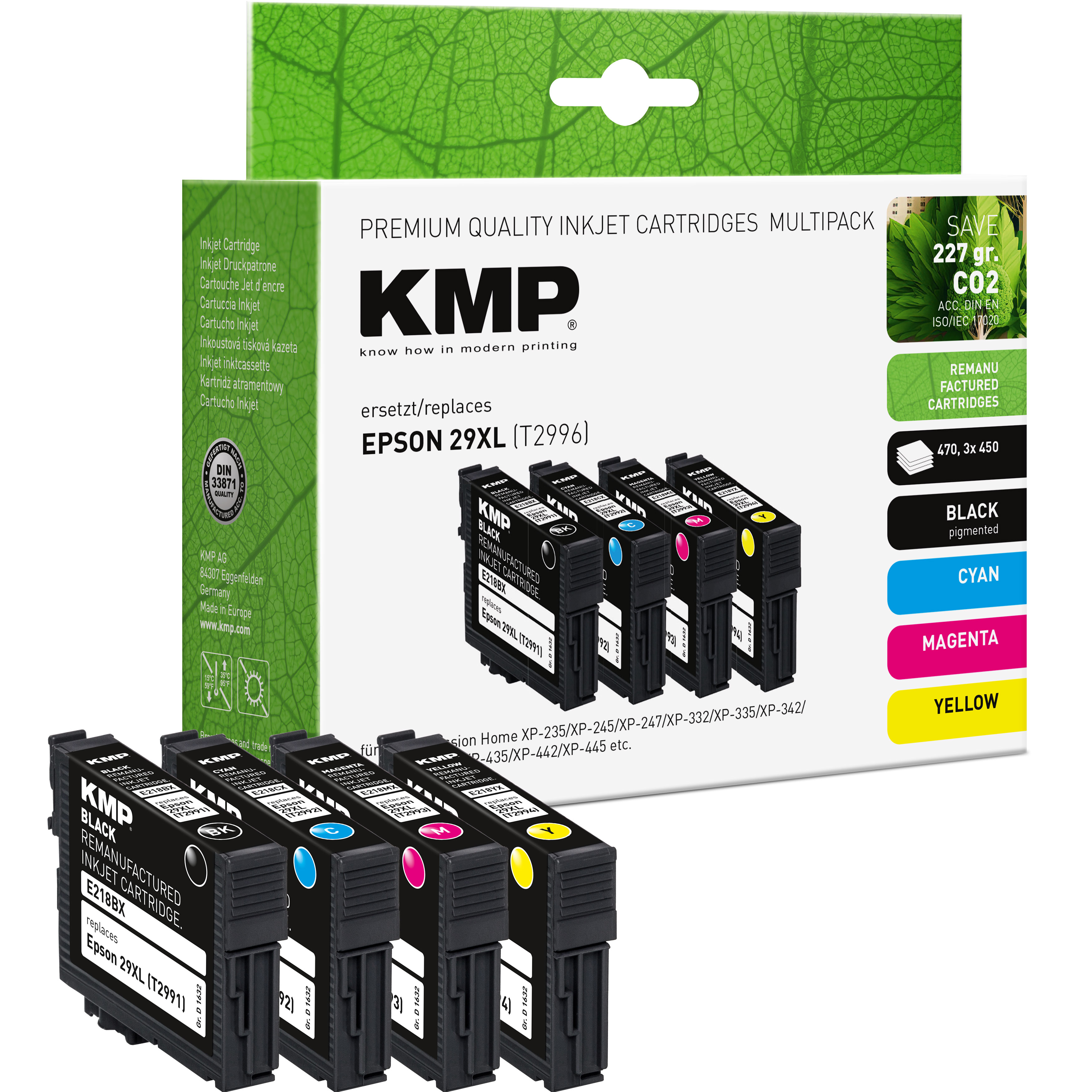 Zestaw kartridży. Kilka kartridży, pudełko i wskaźniki kolorów. Czarny, cyjan, magenta i żółty.