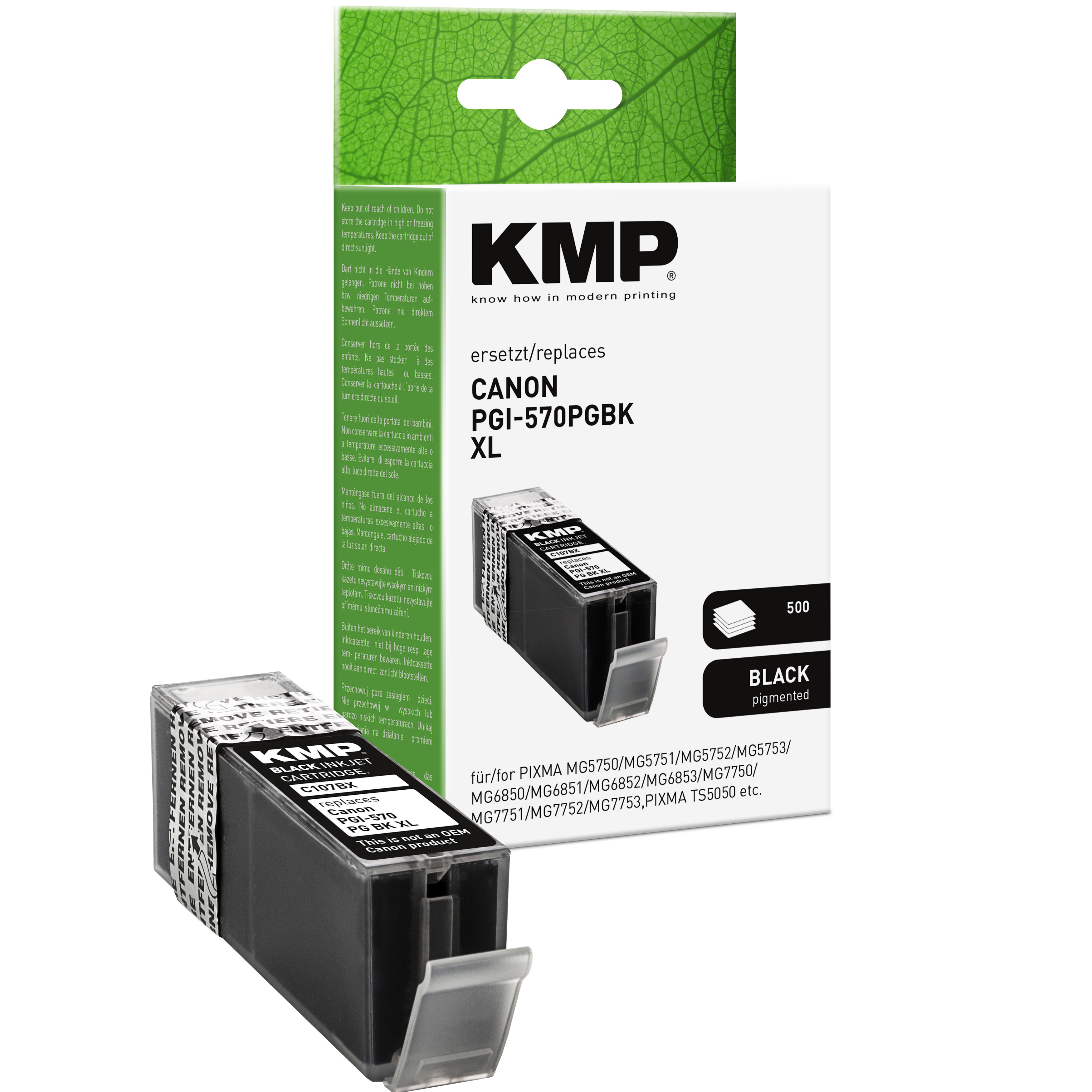 Schwarze Tintenpatrone und Box. Box hat ein Blatt und KMP-Logo. Patrone ist teilweise aus der Box.