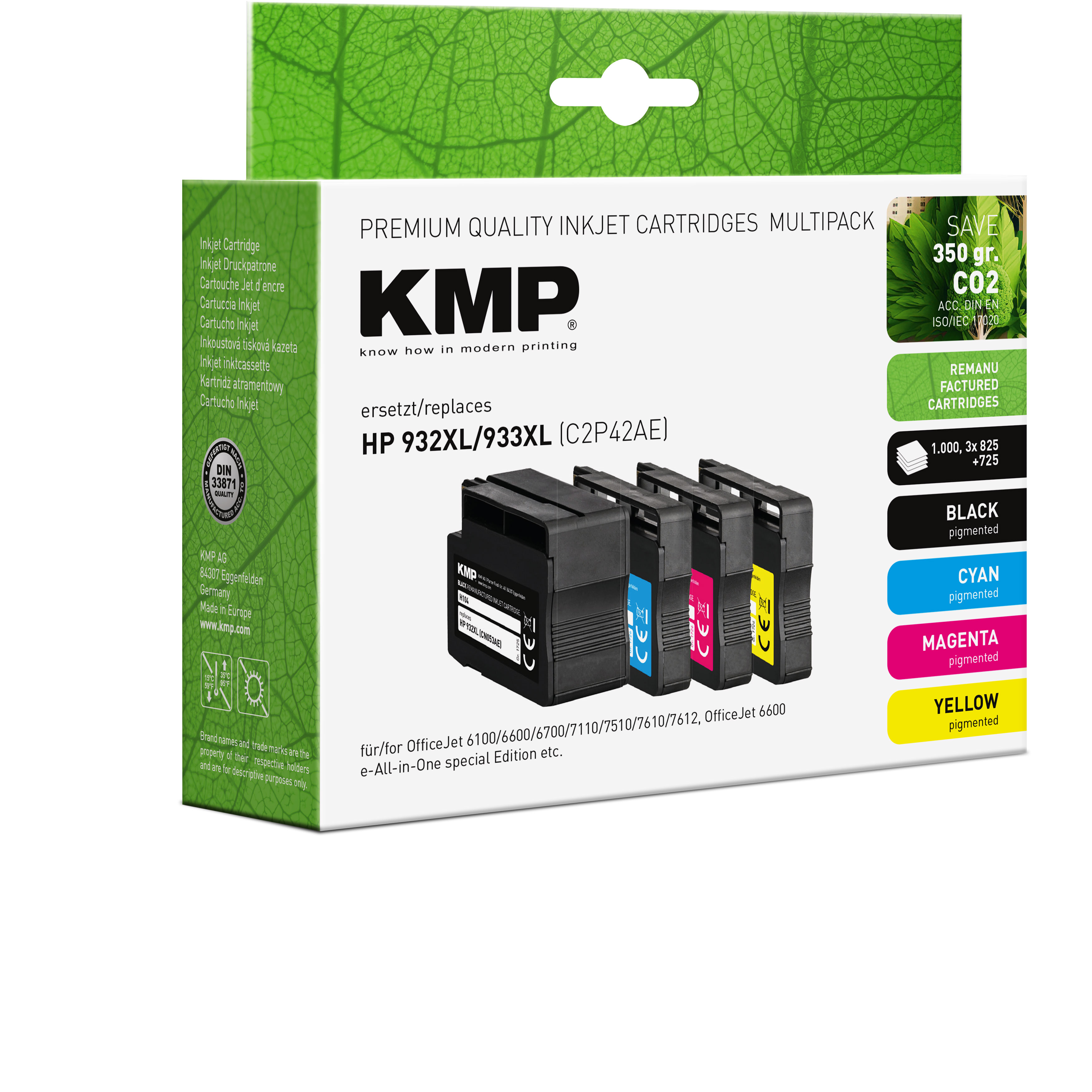 Tintenpatronen-Multipack. Mehrere Patronen, Box und Farbindikatoren. Schwarz, Cyan, Magenta und Gelb.