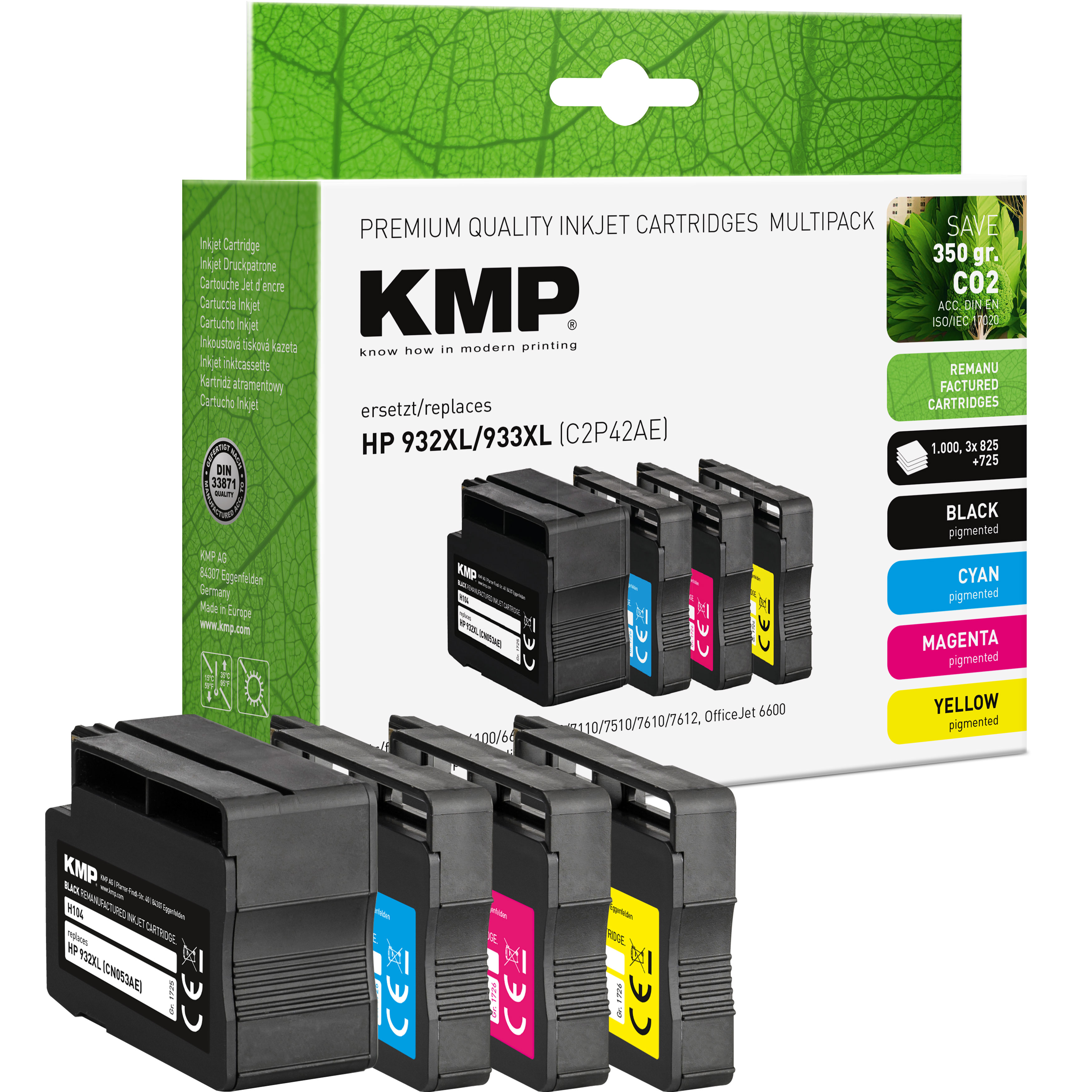 Tintenpatronen-Multipack. Mehrere Patronen, Box und Farbindikatoren. Schwarz, Cyan, Magenta und Gelb.