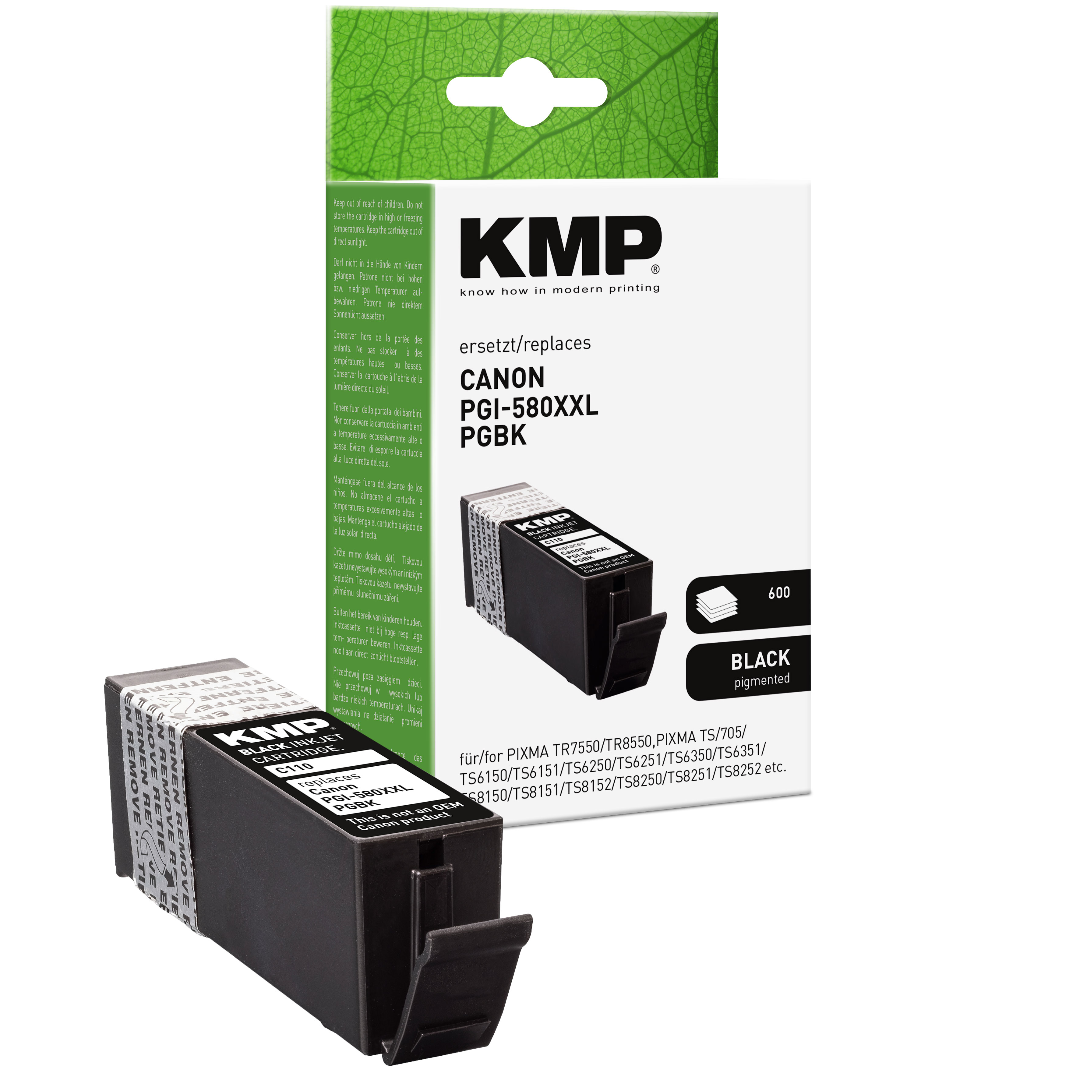 KMP Canon PGI-580XXL PGBK Tintenpatrone, schwarz. Verpackt und vor der Box angezeigt.